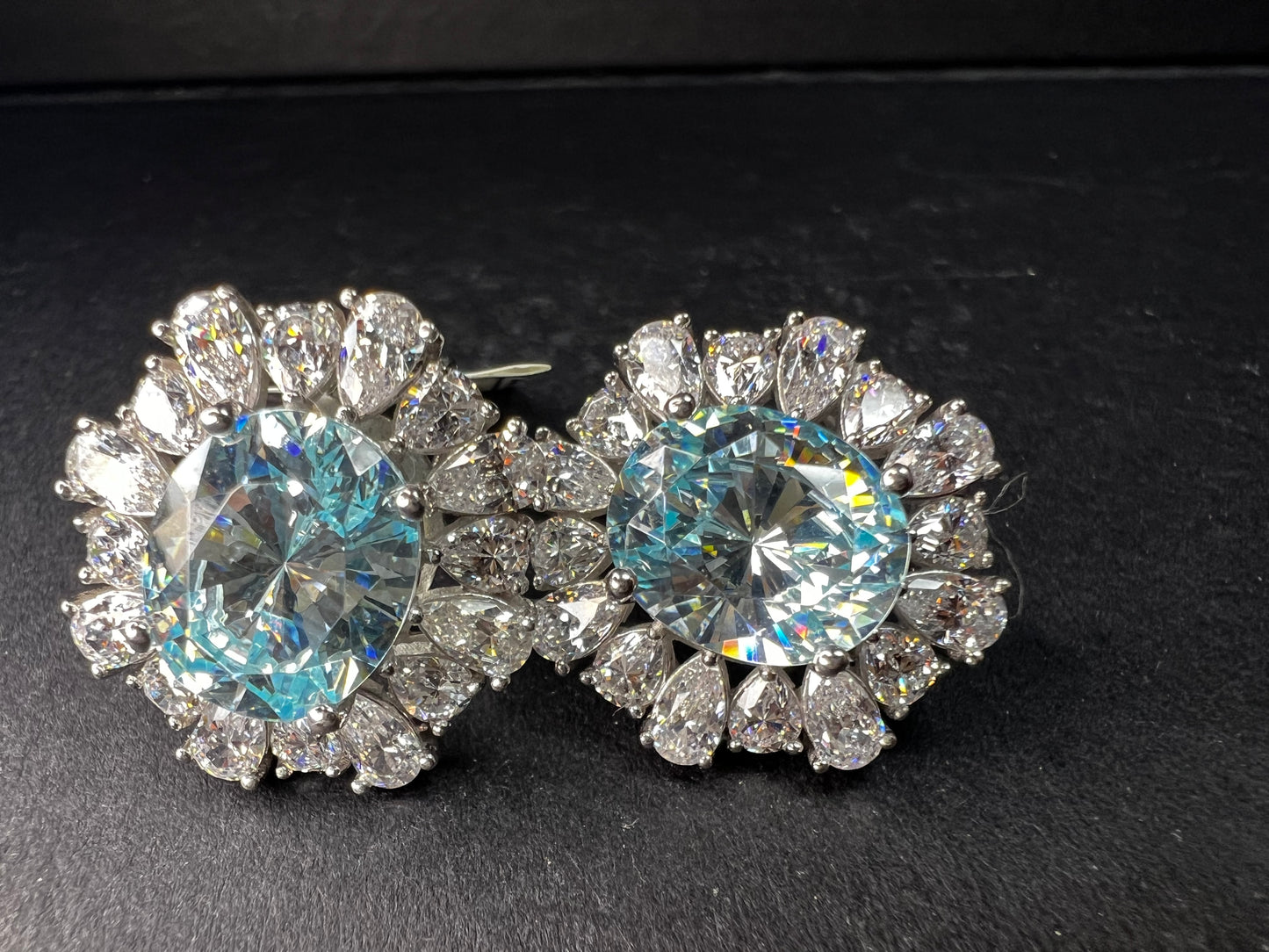 Sterling Silver Aqua CZ Halo Omega Back Earrings New w Tags