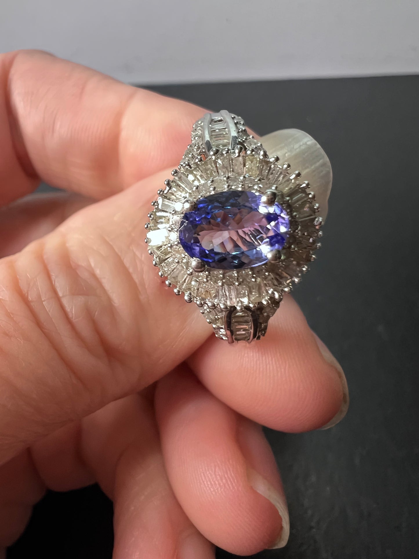 AAA Tanzanite and Diamond  Double Halo Ring in Platinum Over Sterling Silver, Oval Engagement Ring size 10