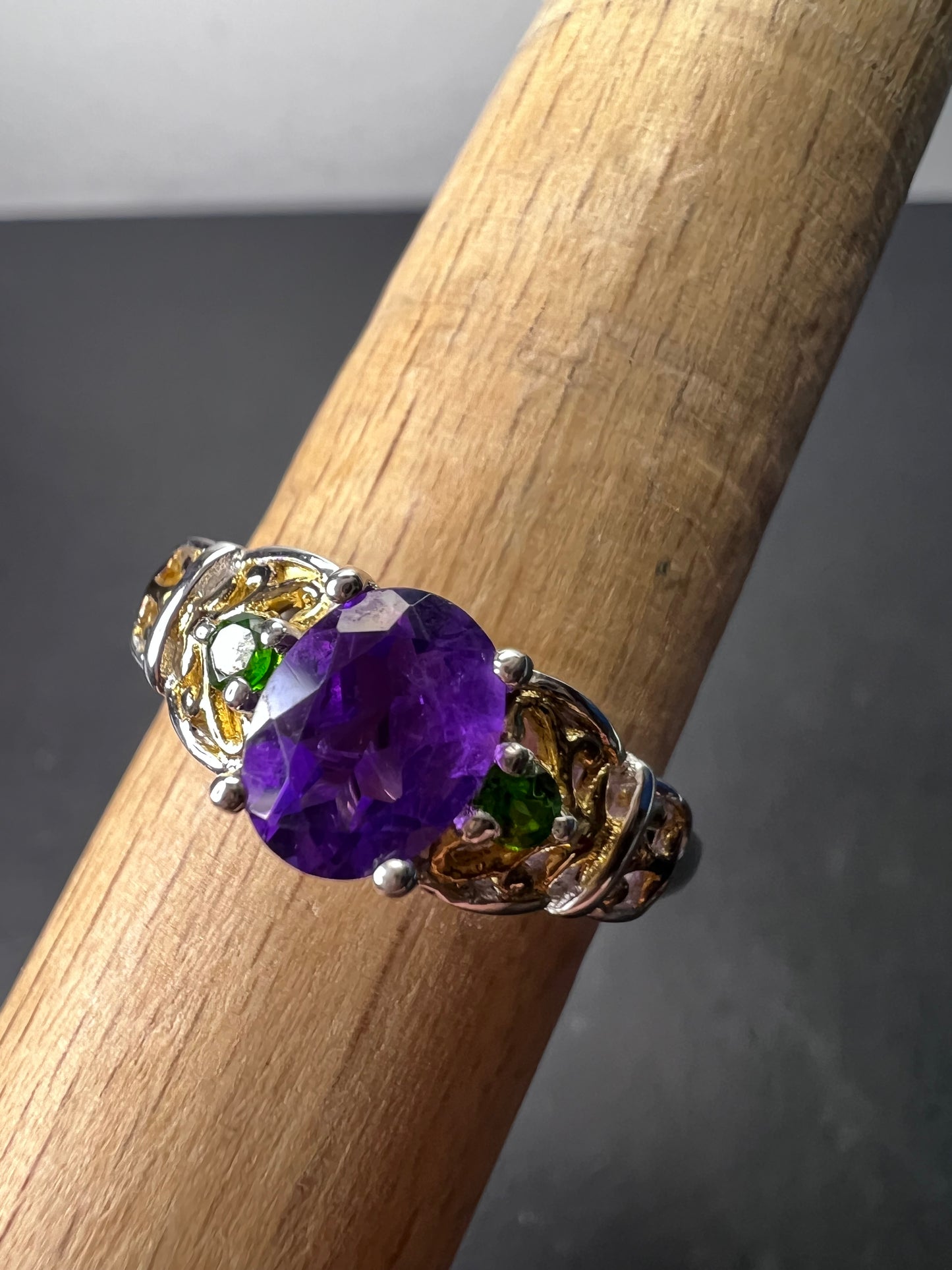 Amethyst and chrome diopside two toned sterling silver ring size 9