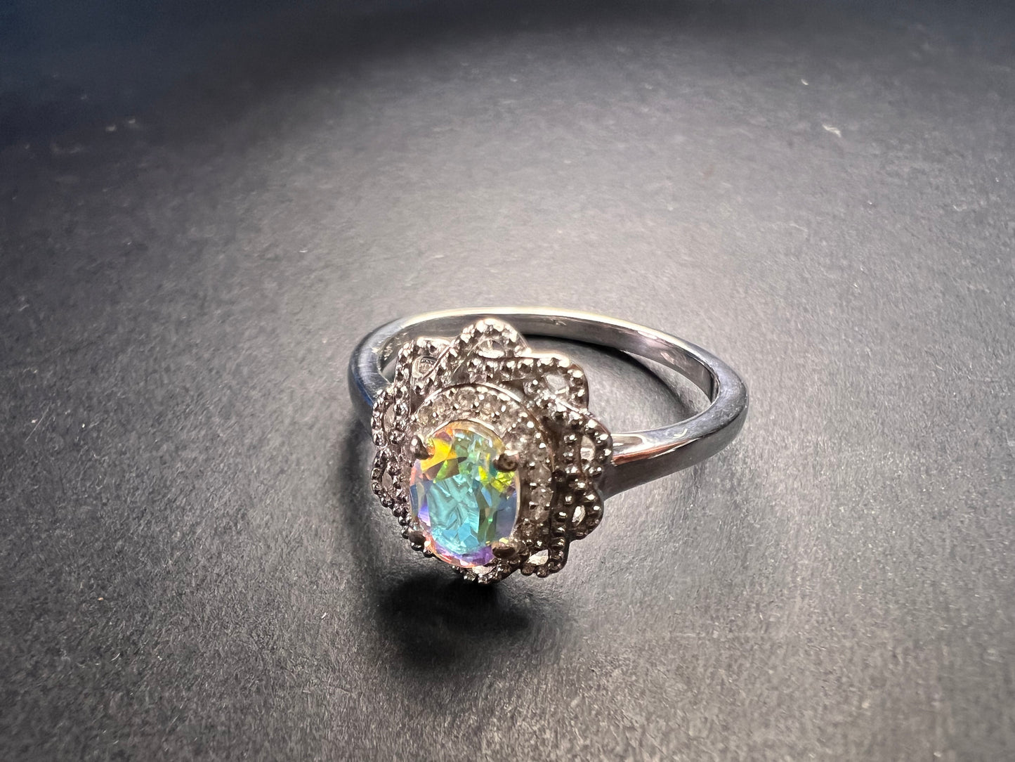 NEW Mercury Mystic topaz and zircon celestial halo ring in rhodium over sterling silver size 10