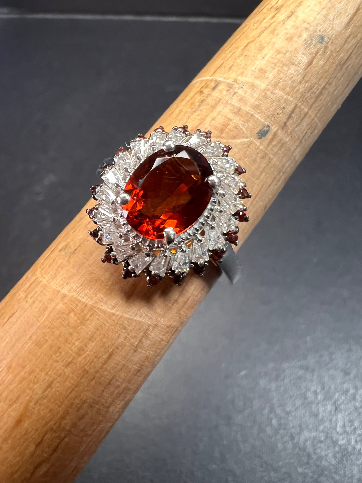 NEW Cherry citrine and Moissanite halo ring in platinum over sterling silver size 8