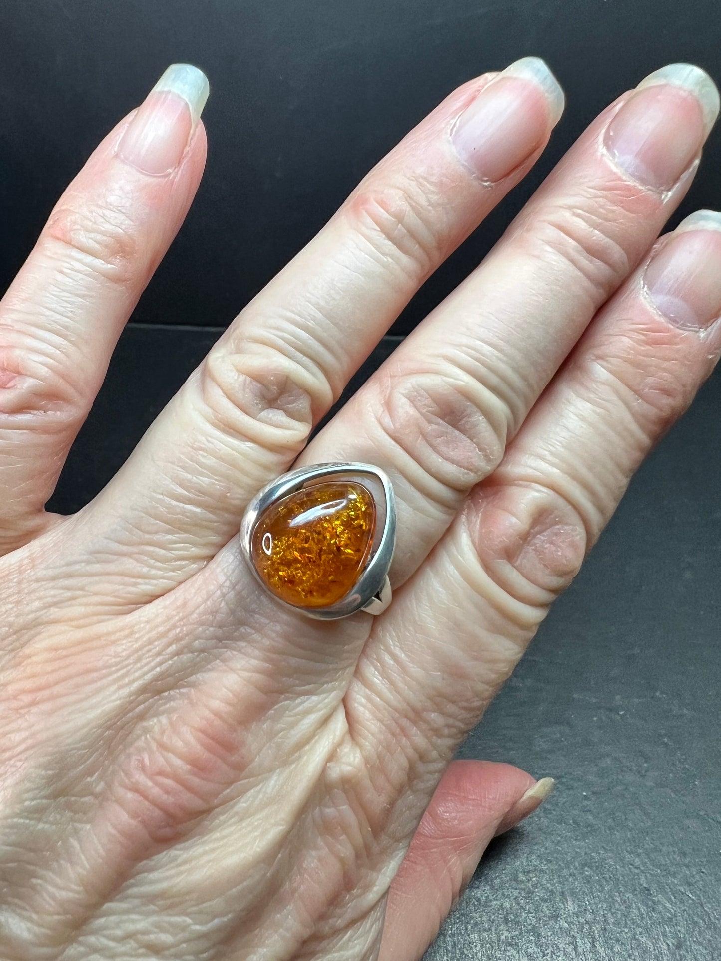Sterling Silver Baltic Amber Ring Size 8 Teardrop Cabochon