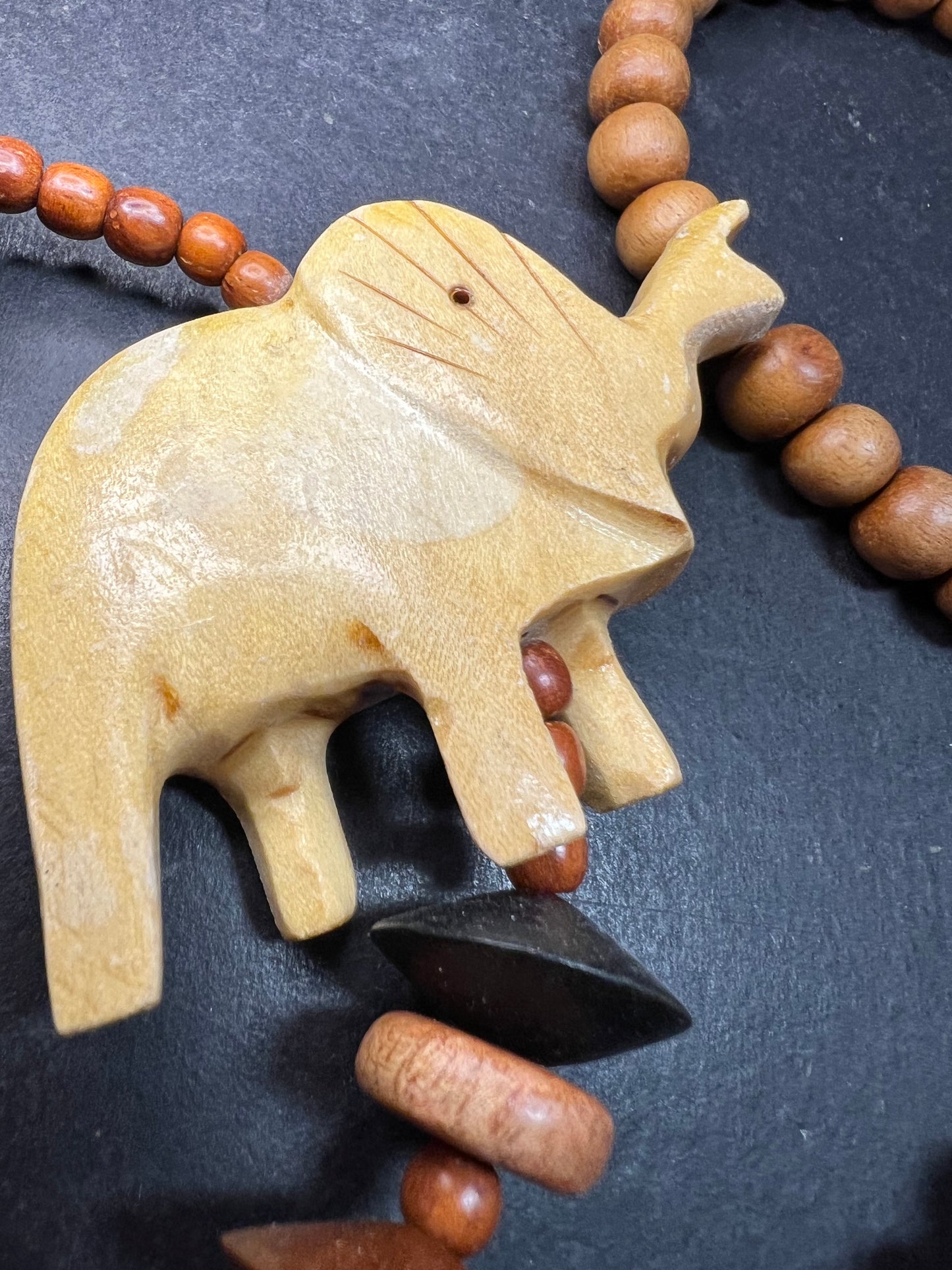 Vintage Carved Animal Wood Bead Statement Necklace 30”