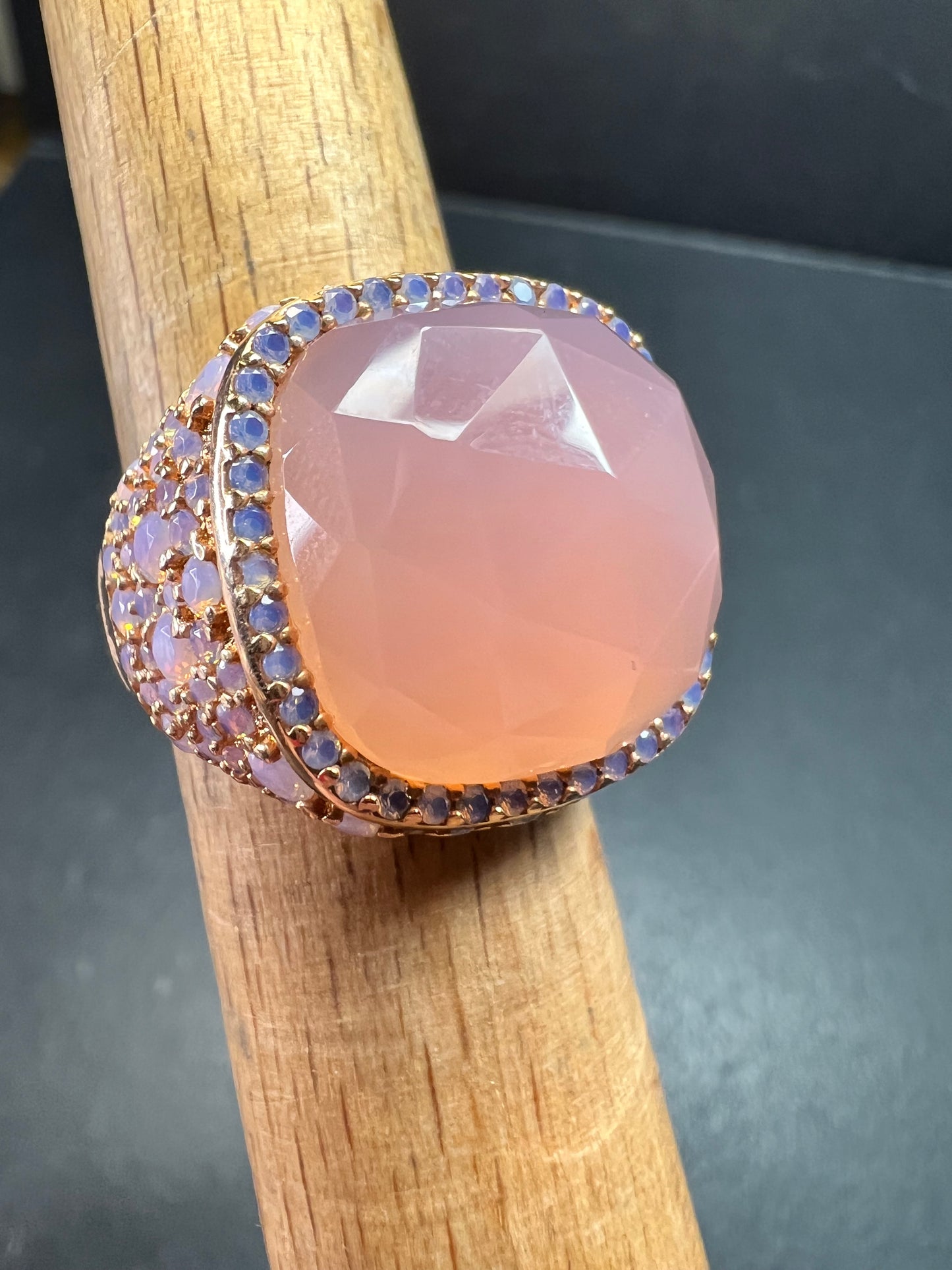 Pink Chalcedony Statement Ring 18K Rose Gold Plated Size 7.5 NWT