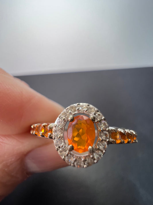 Mexican fire opal halo ring in sterling silver size 9