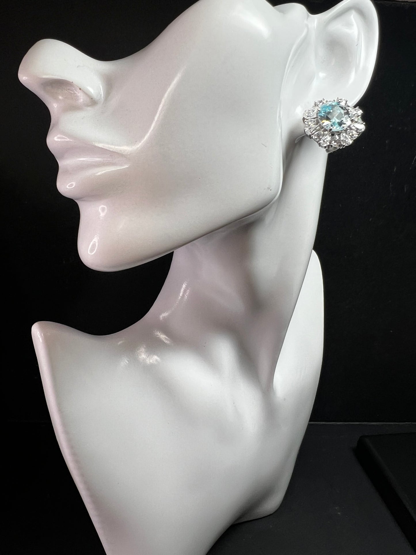 Sterling Silver Aqua CZ Halo Omega Back Earrings New w Tags
