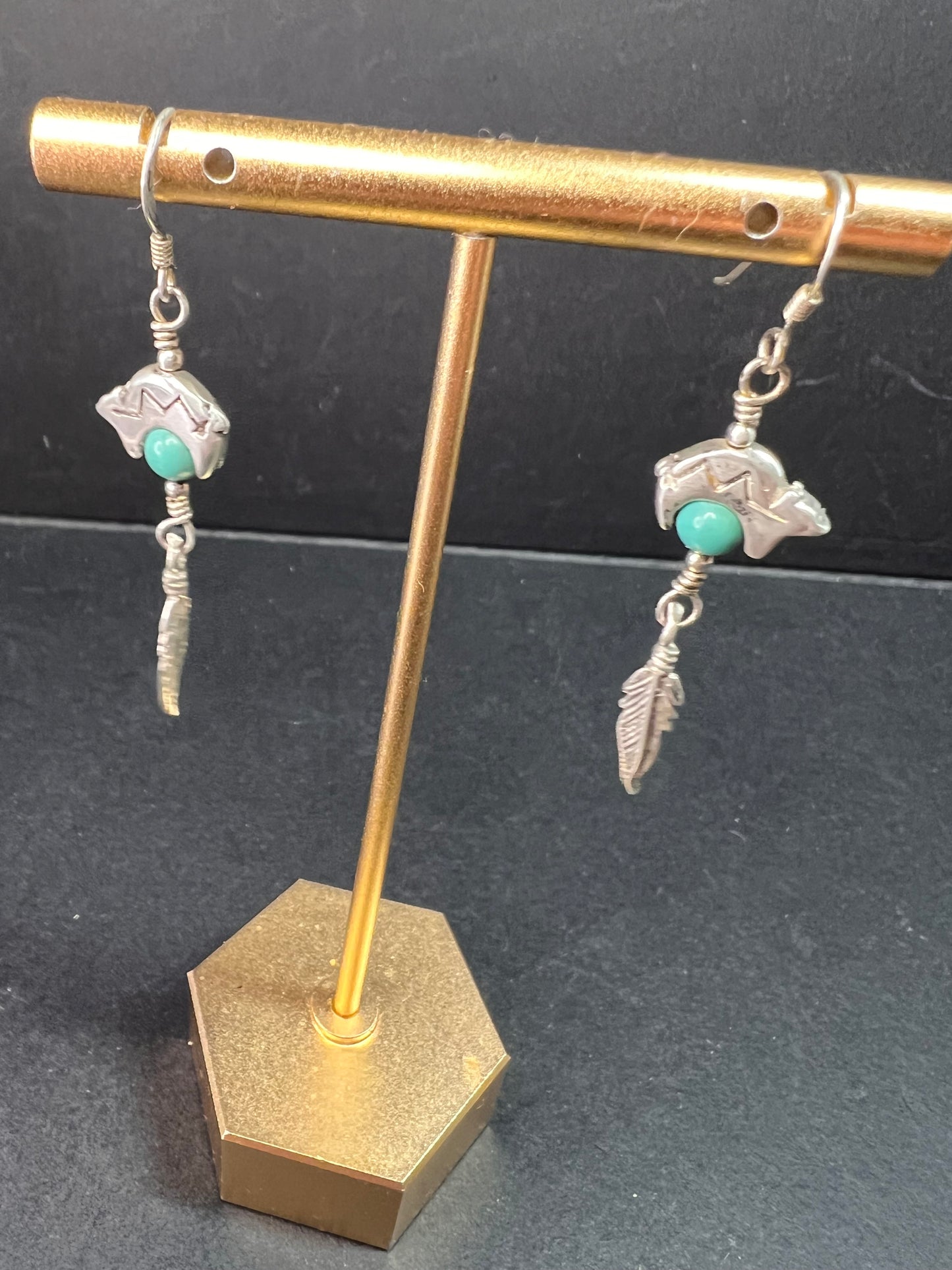 Vintage Sterling Silver Turquoise Earrings – Bear & Feather Motif