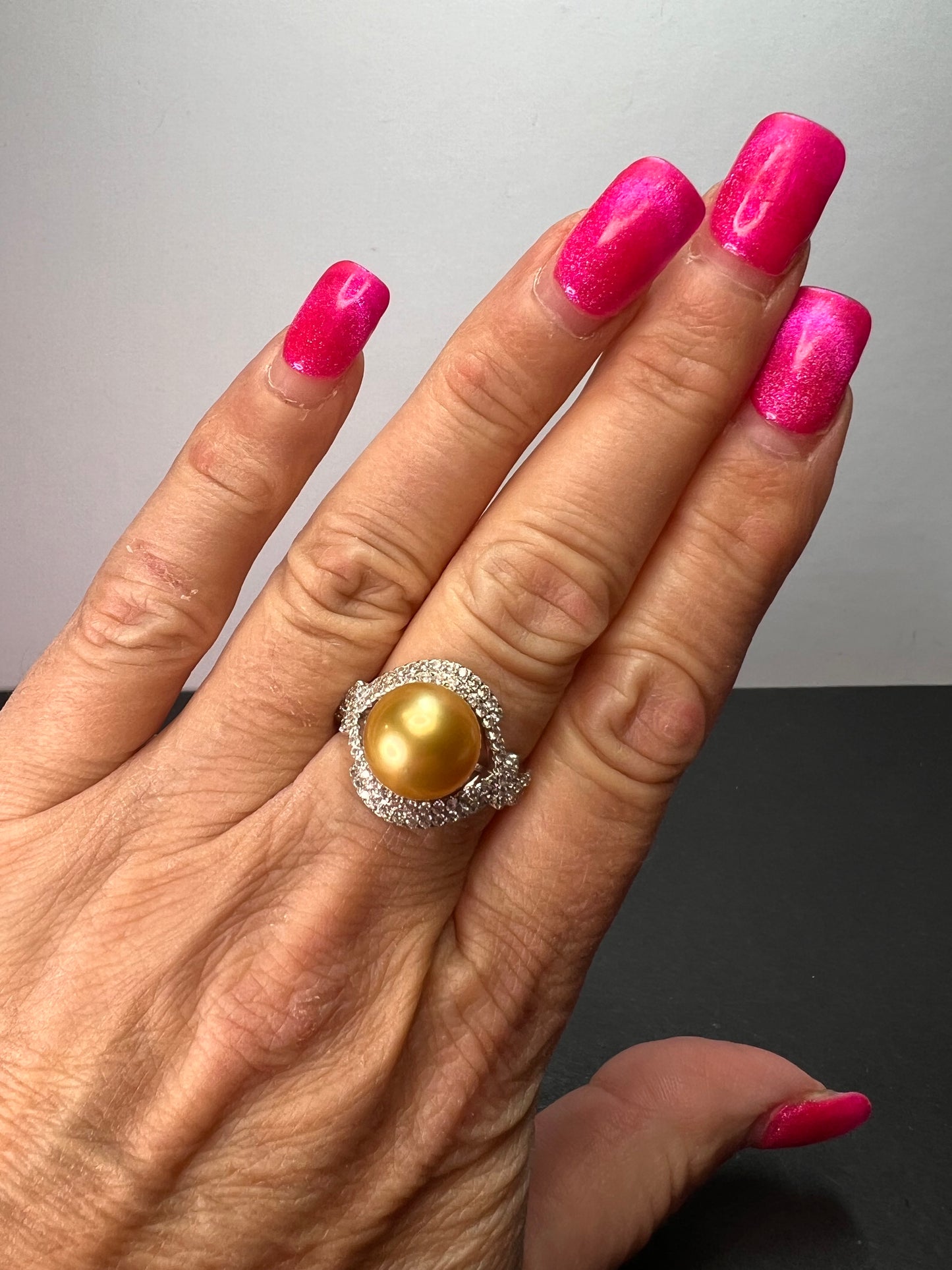 AAA1 Natural Color Deep Gold 11mm Golden South Sea Cultured Pearl and Zircon ring in rhodium over Sterling silver size 9