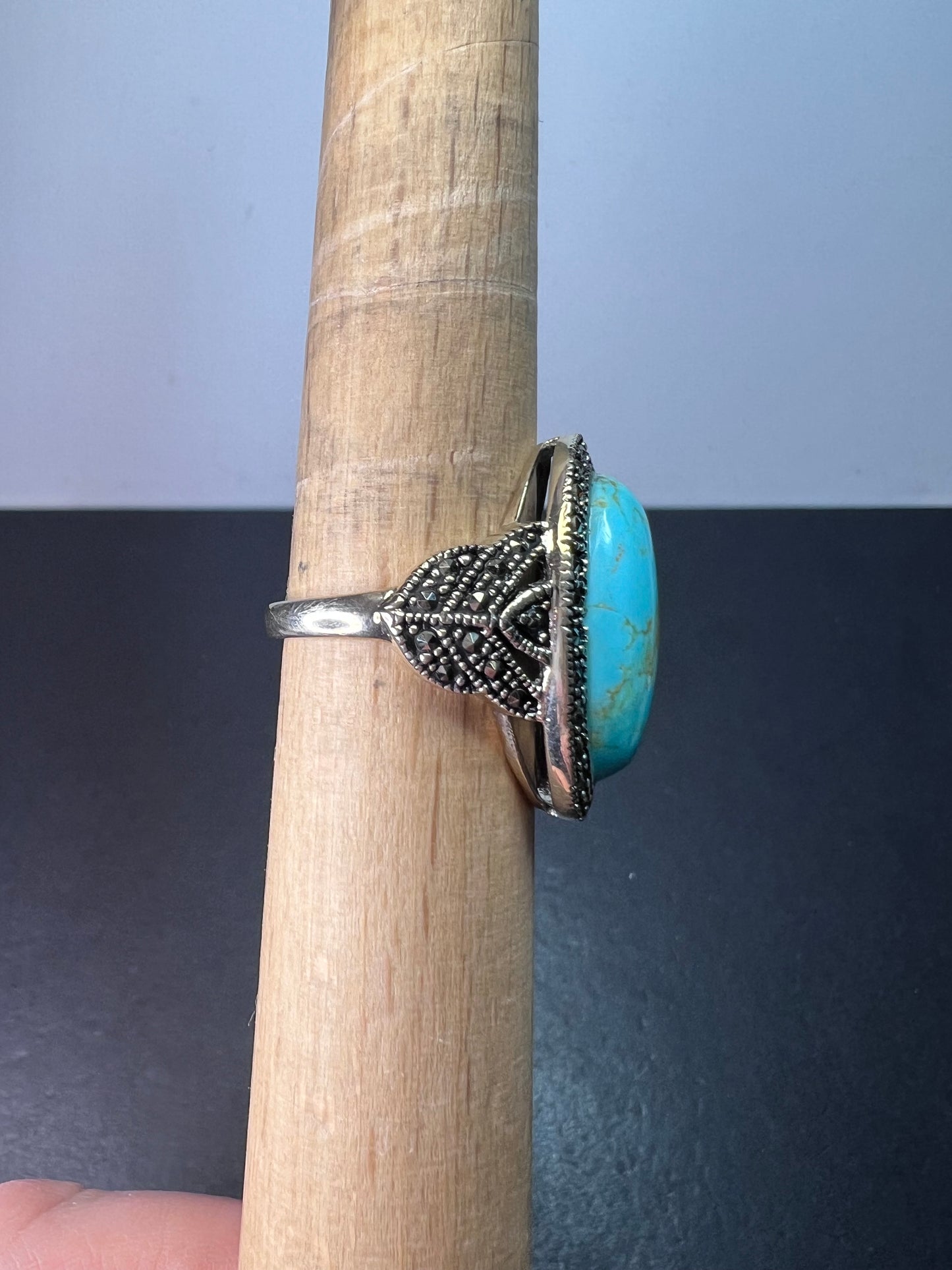 Turquoise composite sterling silver and marcasite ring size 9