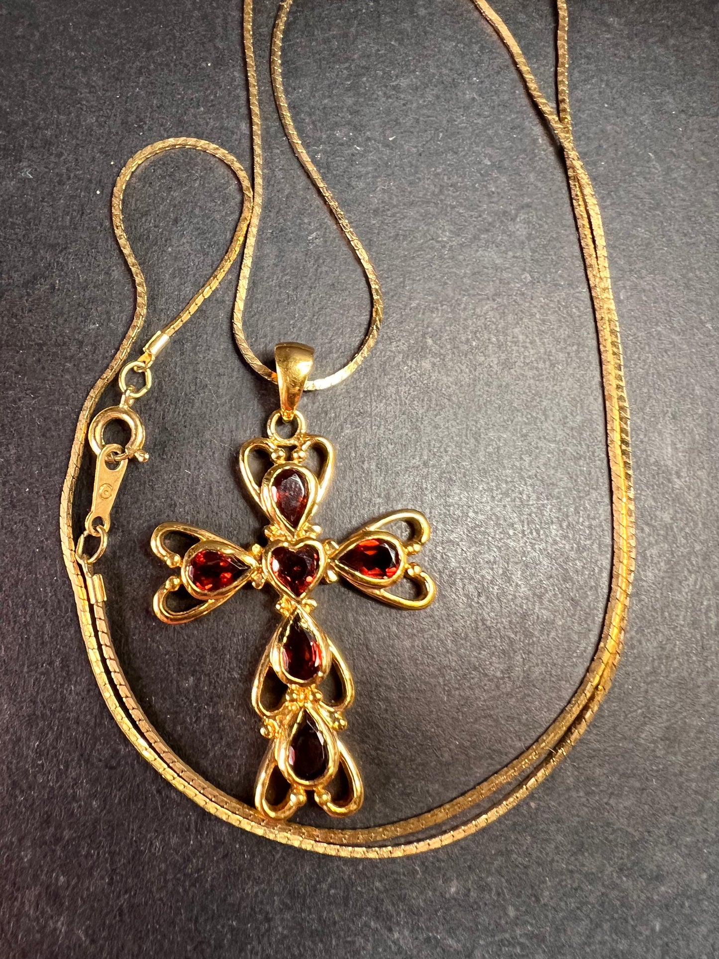 Vintage SETA Garnet Cross Pendant Necklace Gold Tone 24”