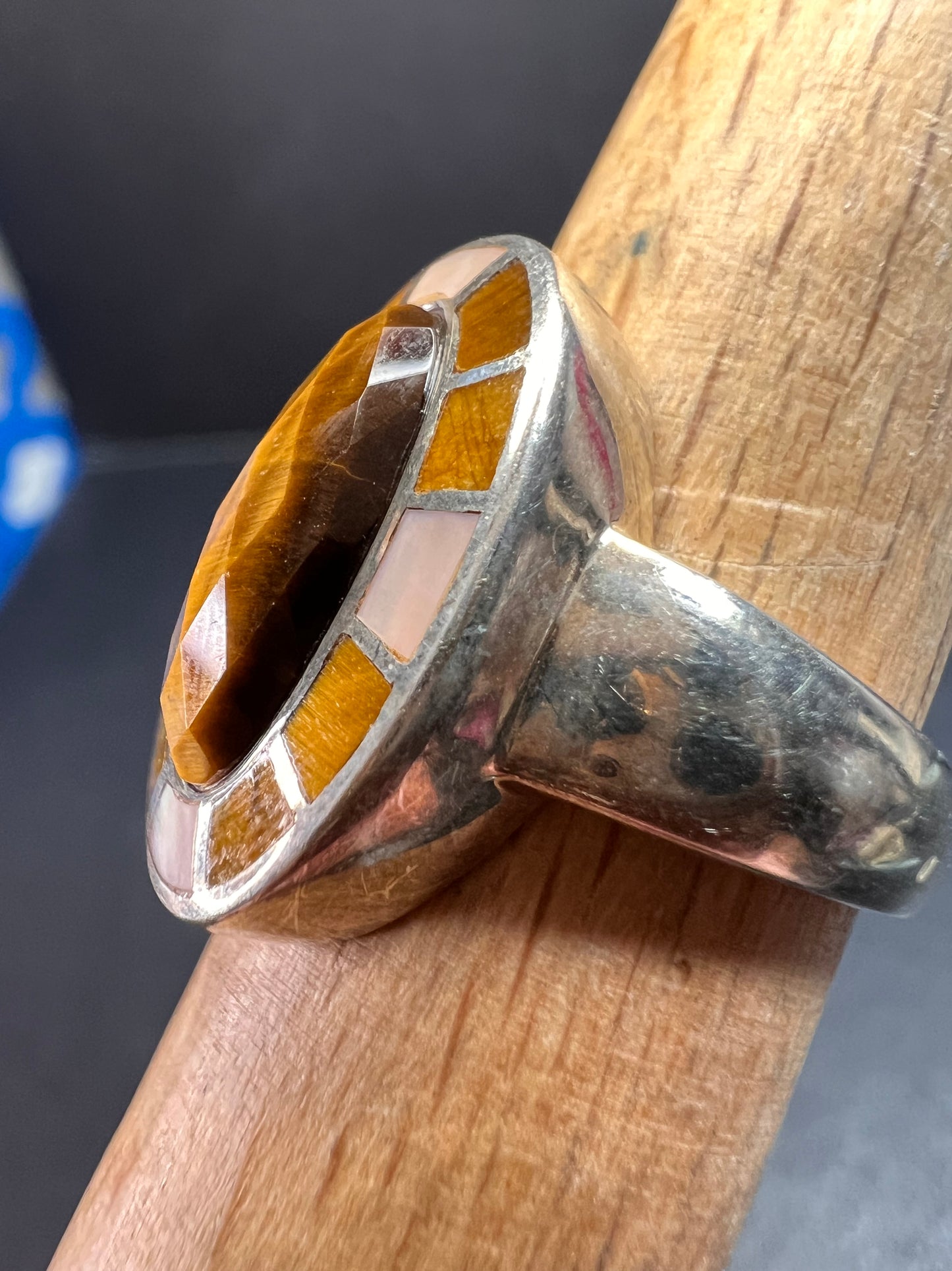 Whitney Kelly tigers eye and mother of pearl sterling silver ring size 7