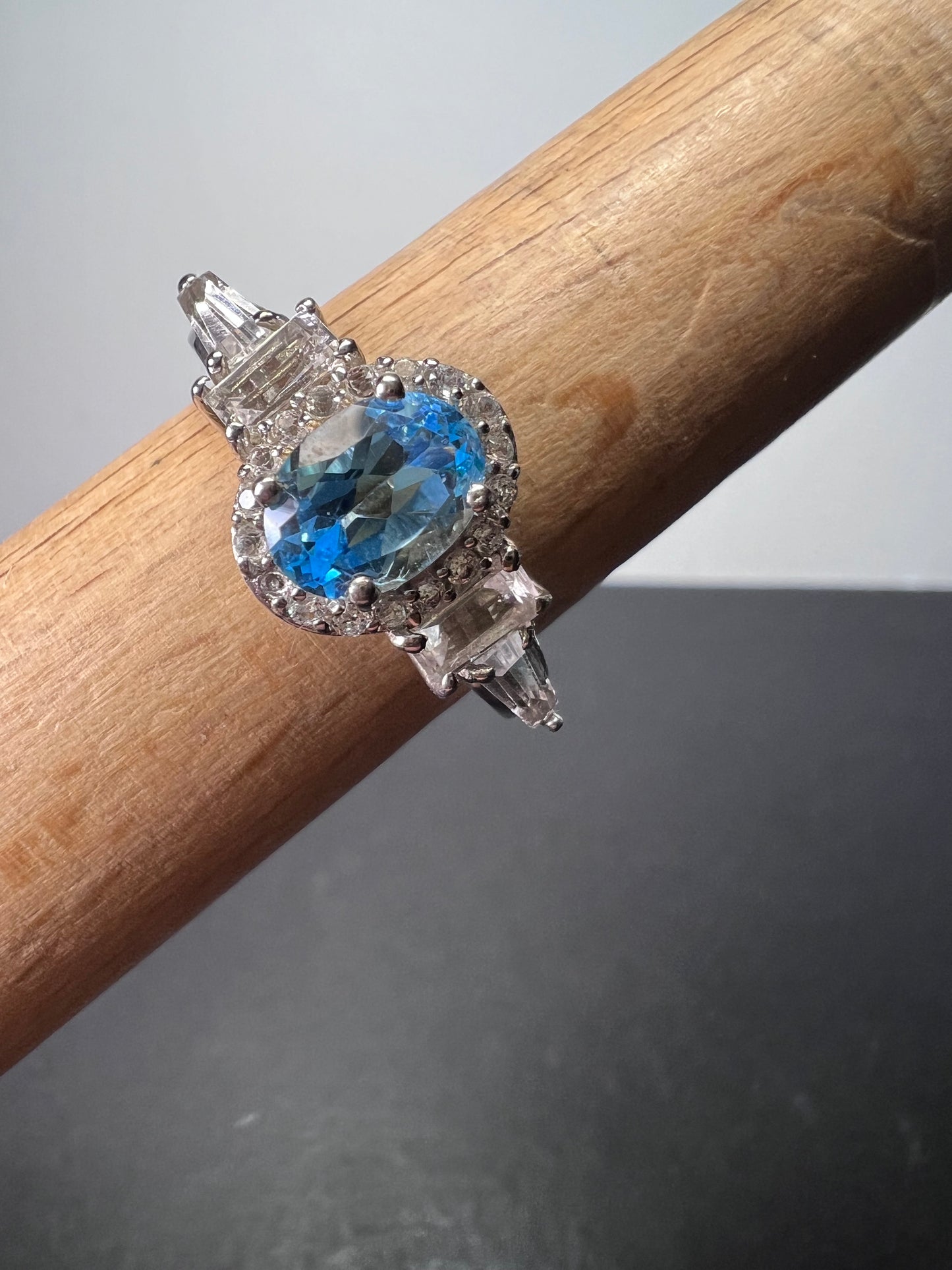 Blue and white topaz sterling silver halo ring size 9