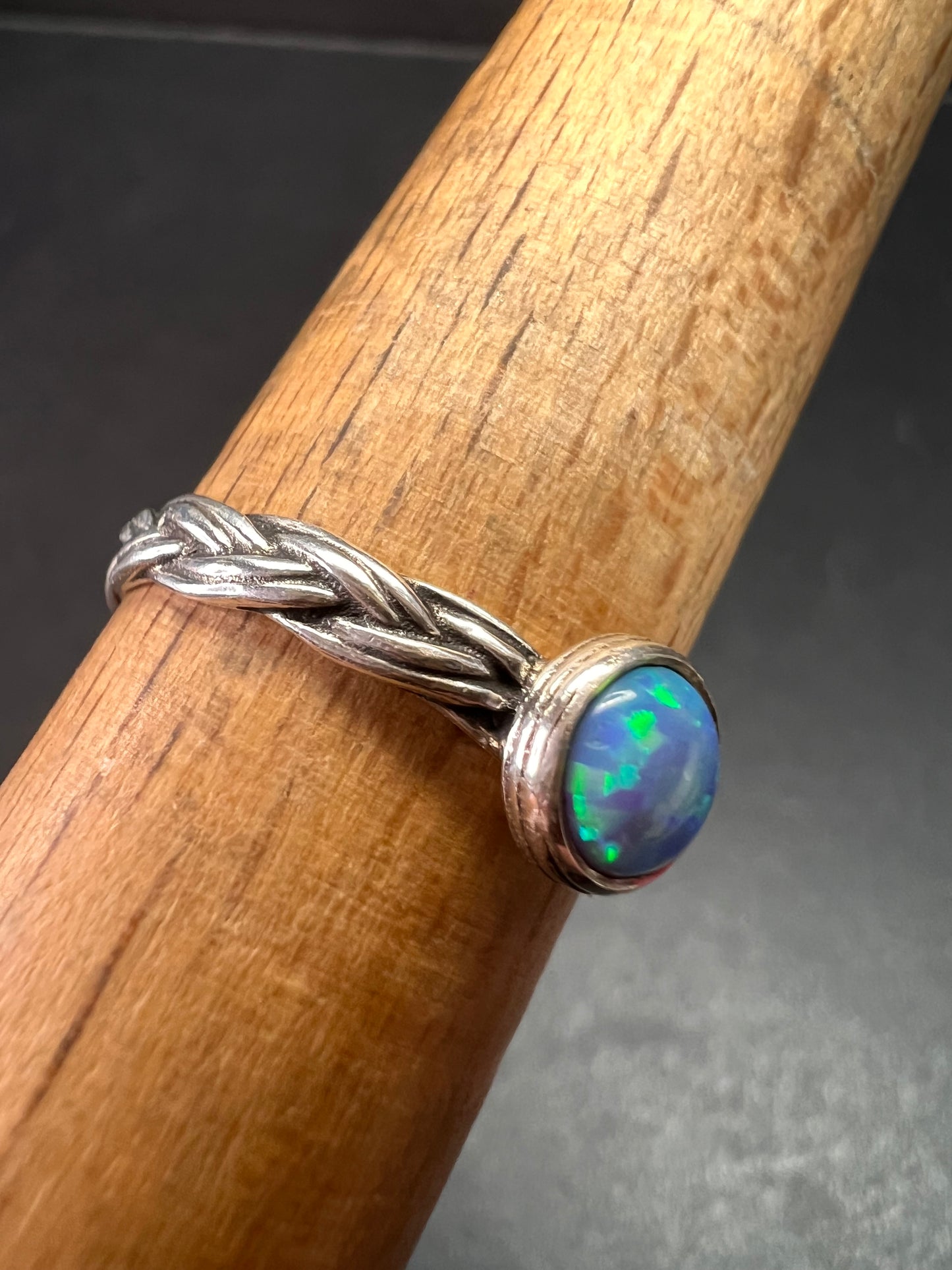 Sterling Silver Braided Band Ring with Lab Opal – Size 9