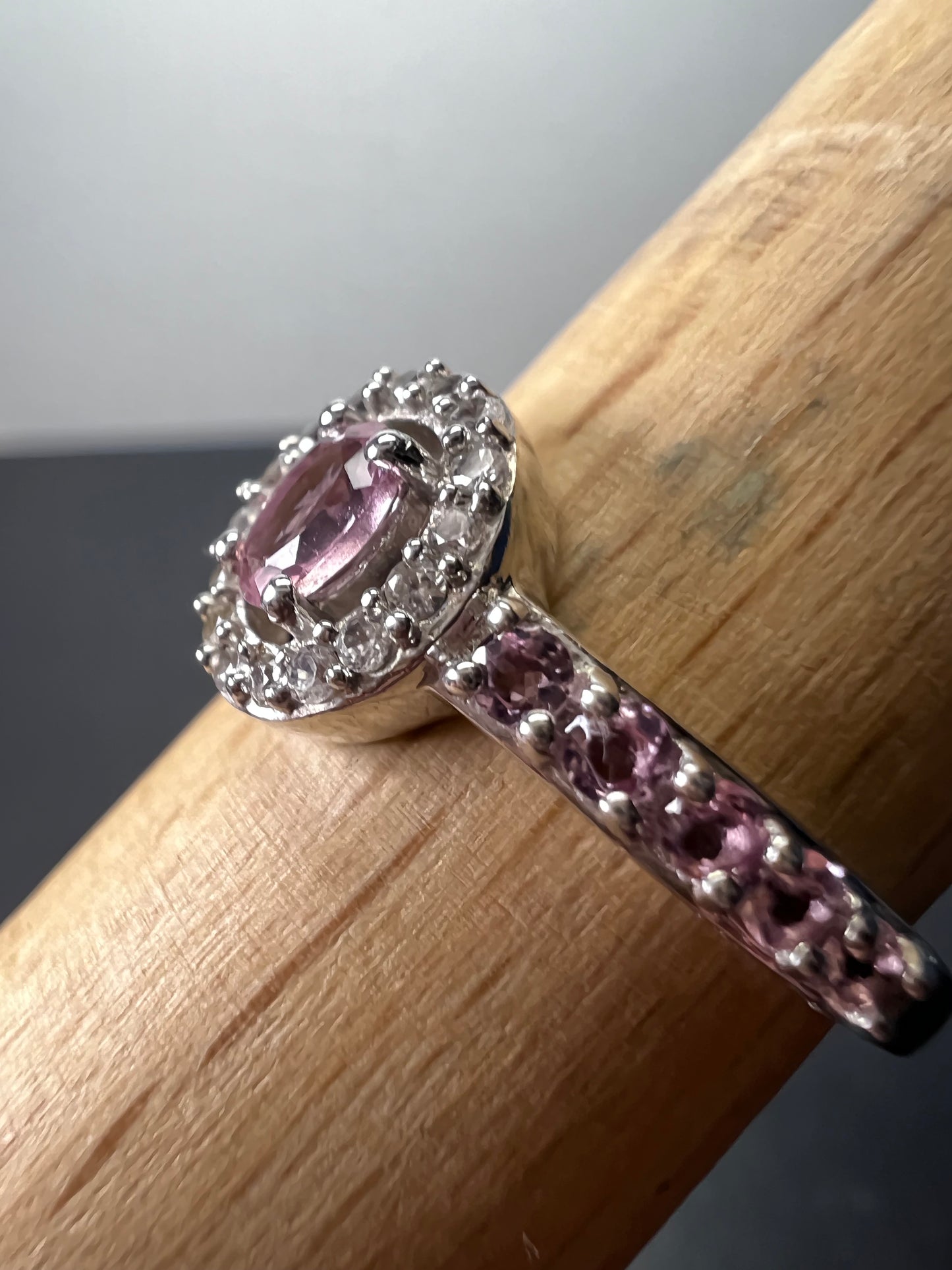 Pink tourmaline and white zircon sterling silver halo ring size 9