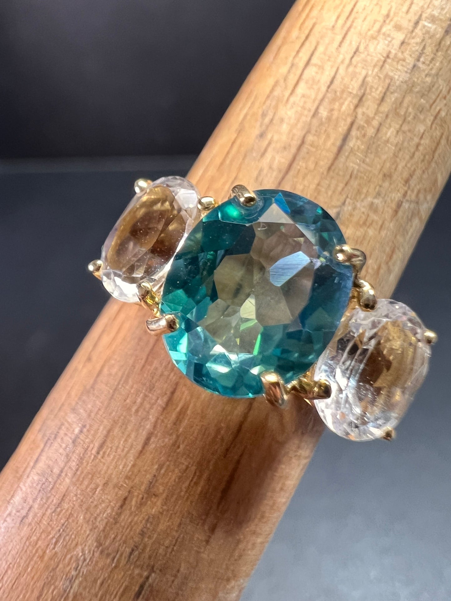 Vintage 10K Yellow Gold Blue Topaz & White Topaz Three-Stone Ring – Size 7