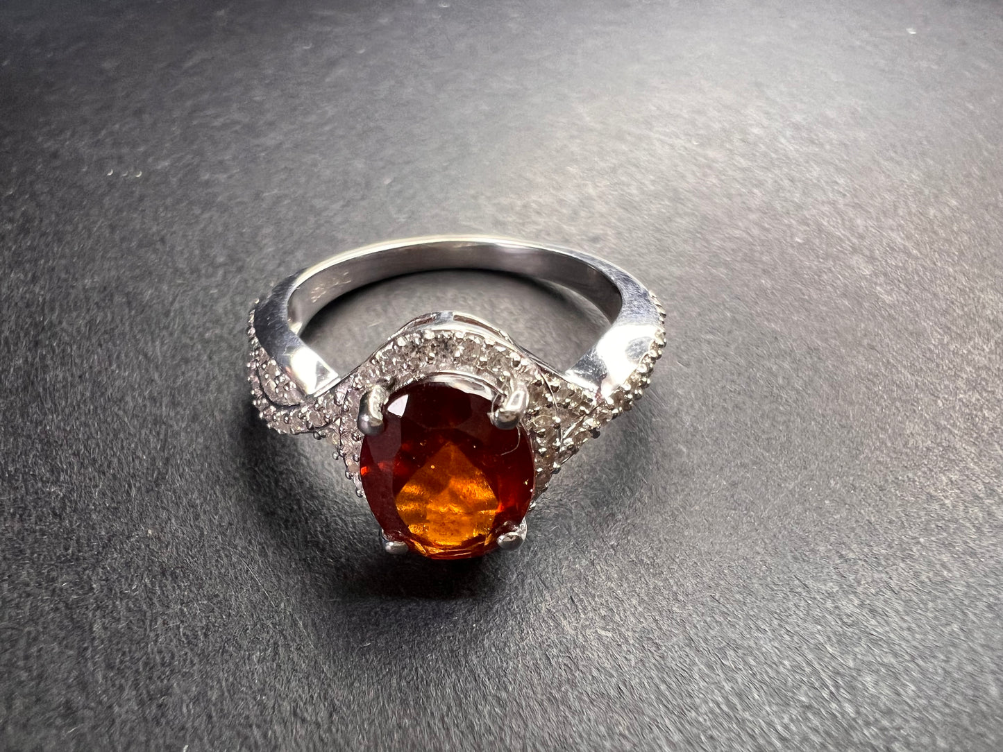 NEW Ceylon Hessonite garnet and zircon ring in rhodium over sterling silver size 7
