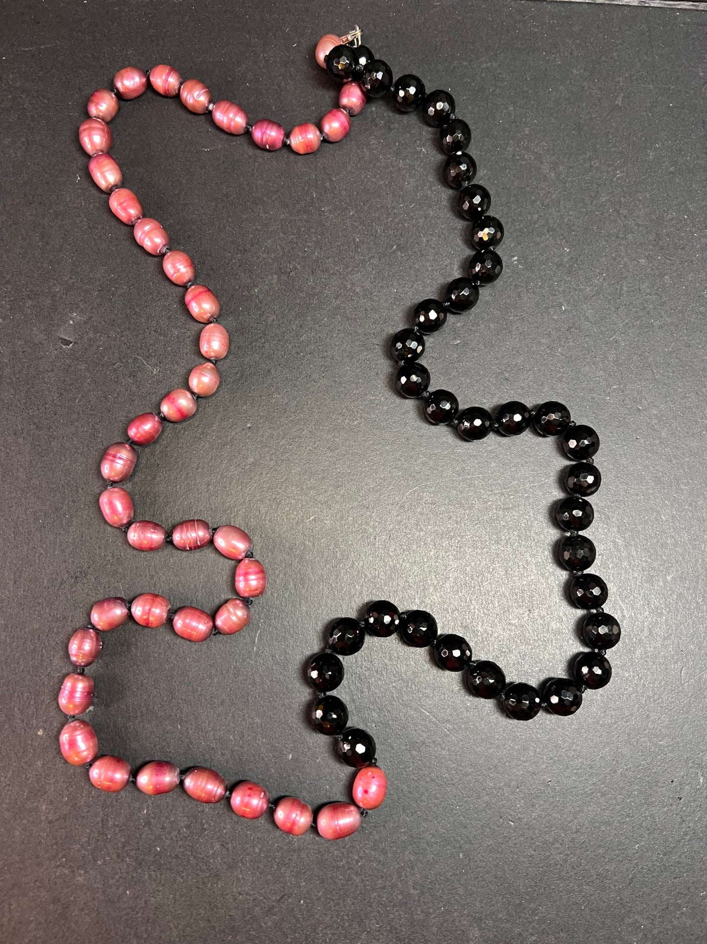 NEW freshwater pearl and black tourmaline 36 inch necklace with sterling silver clasp