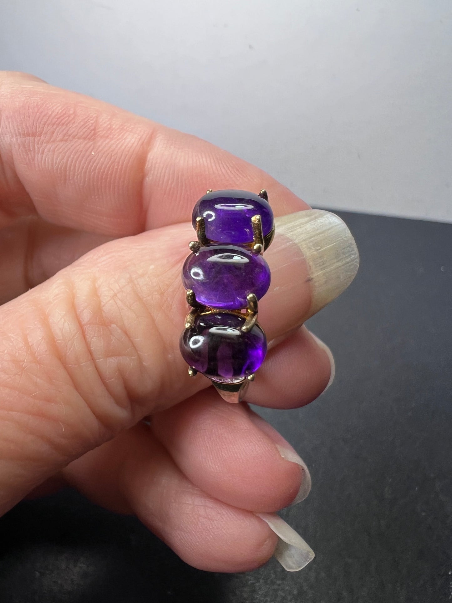 Triple amethyst stone ring in gold over sterling silver size 9