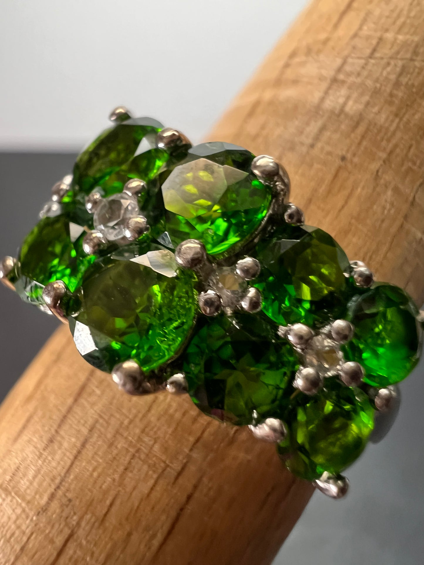 Chrome diopside and white topaz ring in rhodium over sterling silver size 8