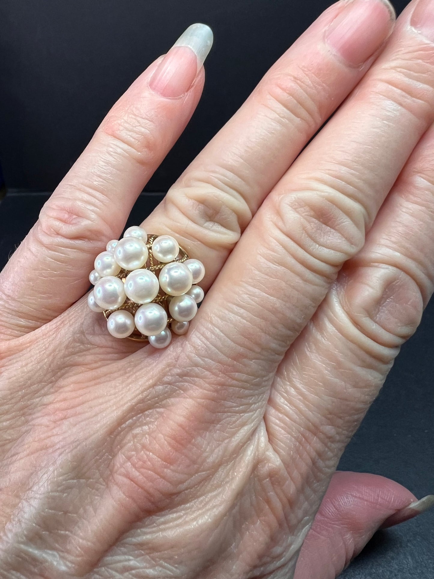 Vintage 14K Gold Cluster Pearl Cocktail Ring – Mid Century Dome Design- size 6
