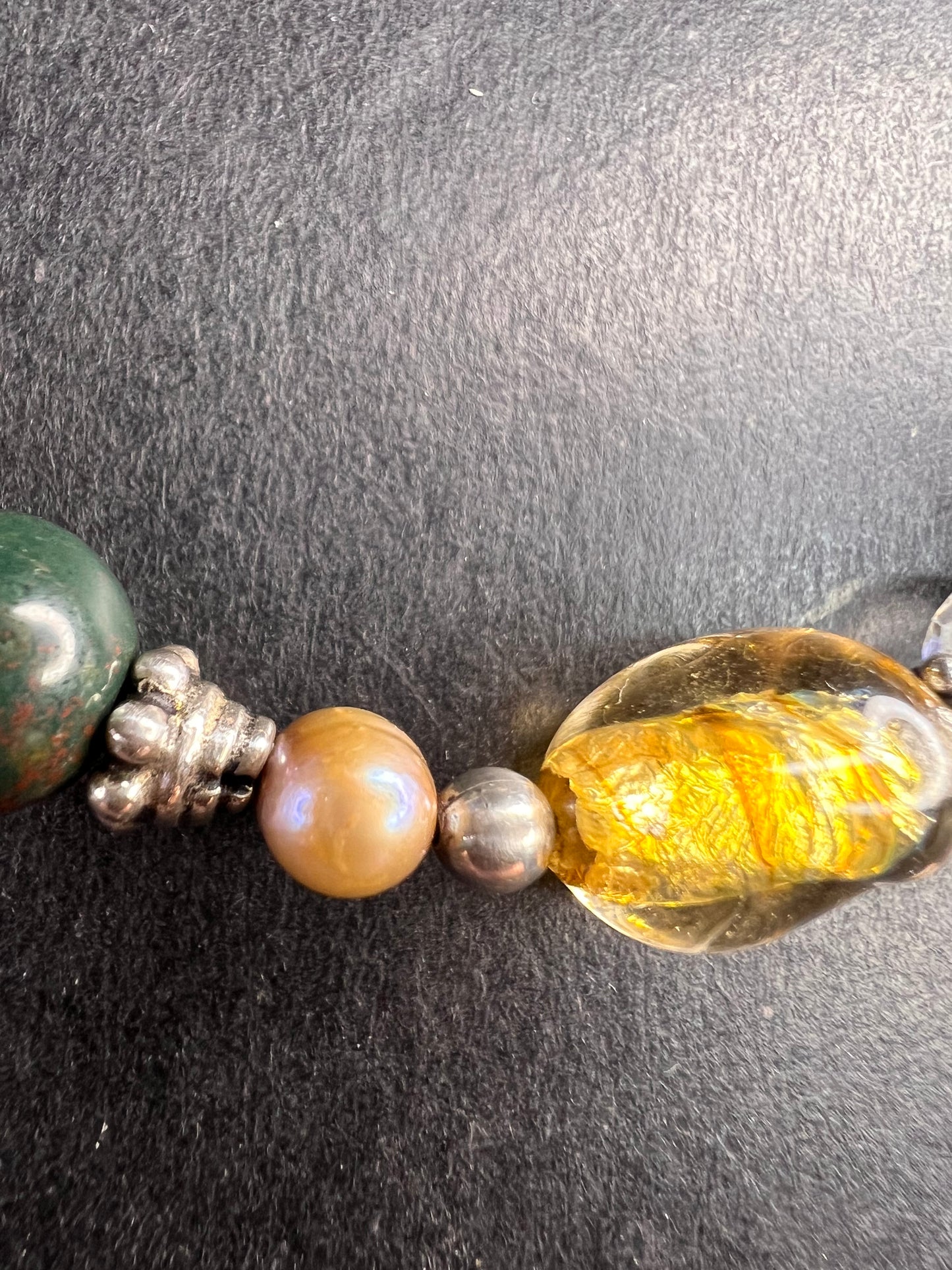 Vintage sterling silver, semi precious stones and glass toggle 8 inch bracelet