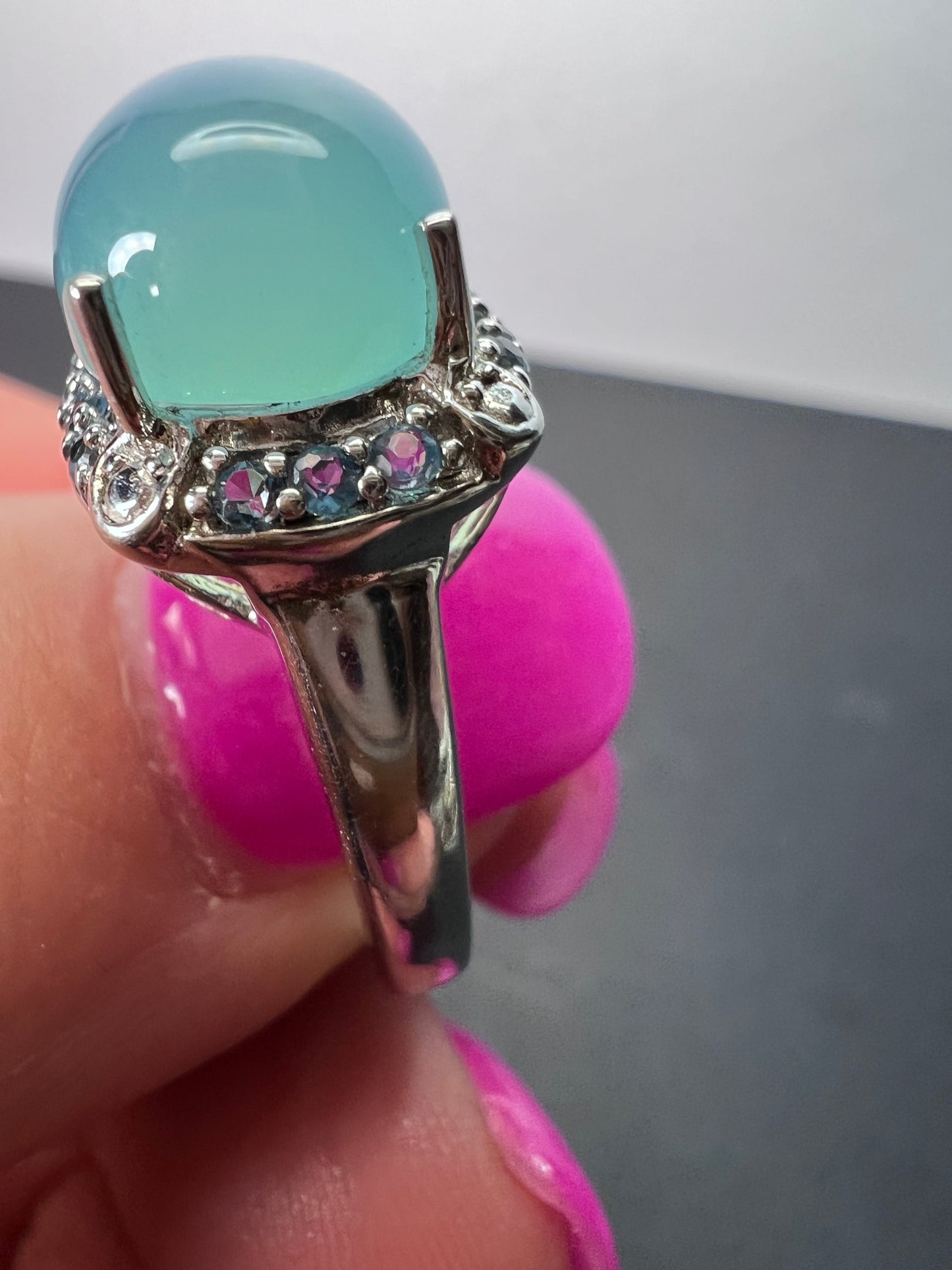 Aqua blue chalcedony blue topaz sterling silver halo ring size 7