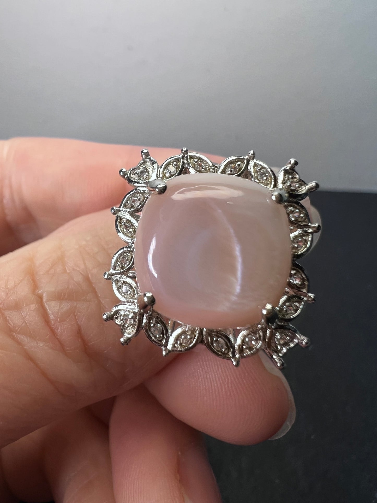 Pink Mother-of-Pearl With White Zircon Rhodium Over Sterling Silver Ring size 8