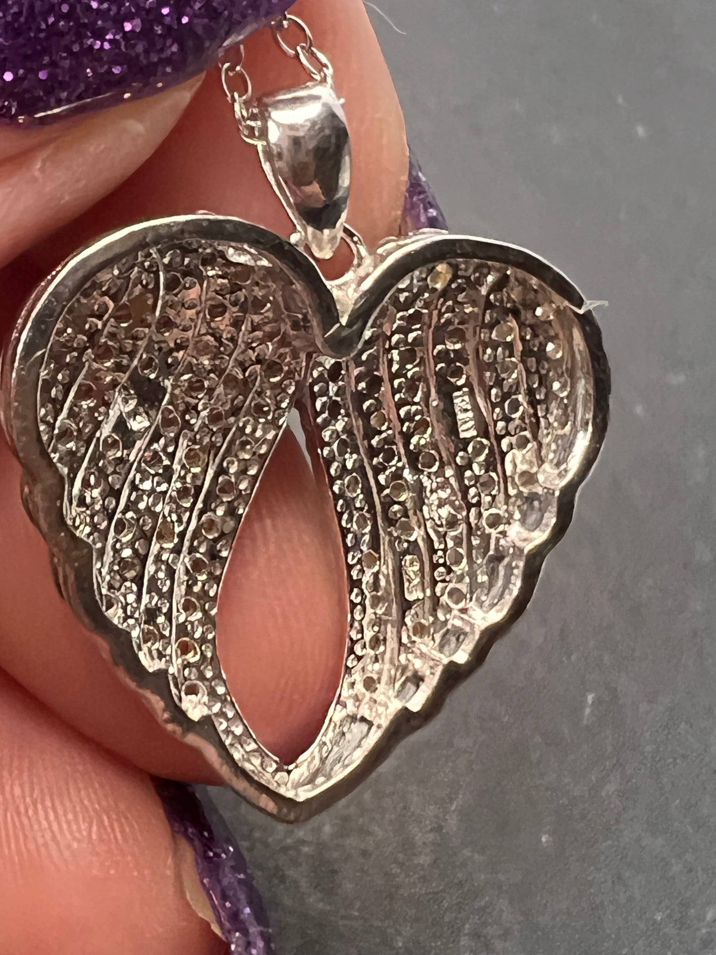 Angel wings CZ heart pendant and chain sterling silver necklace