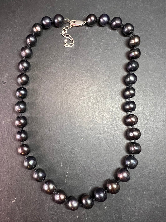 New Black Cultured Freshwater Pearl Necklace 11mm, 18–20”, 925 Silver
