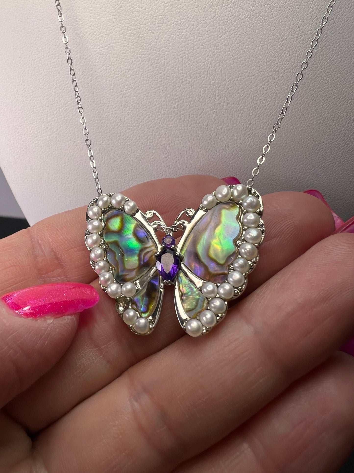 Abalone, amethyst and pearl butterfly sterling silver necklace