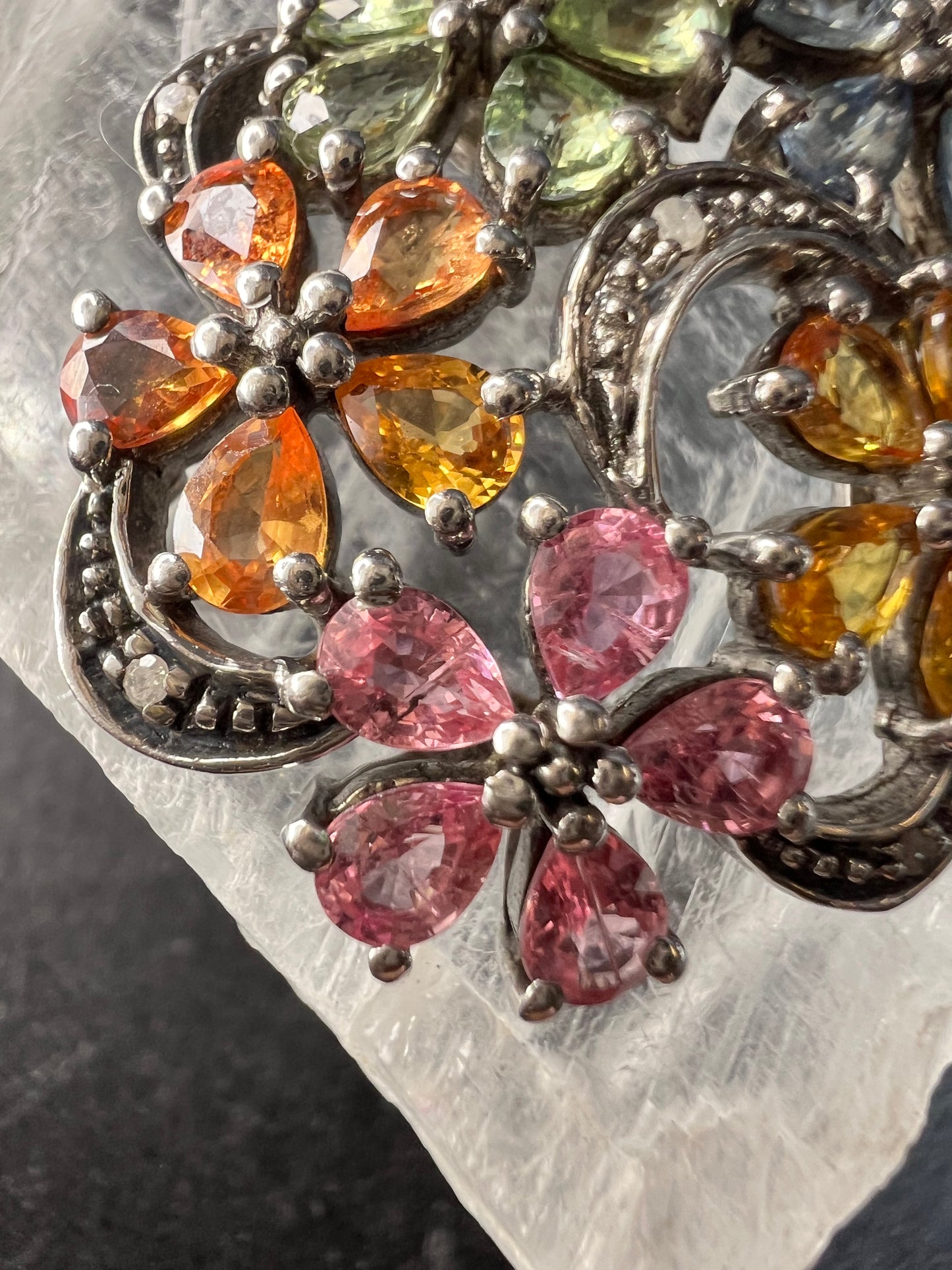 Vintage Sterling Silver Multi Sapphire & Diamond Flower Pendant