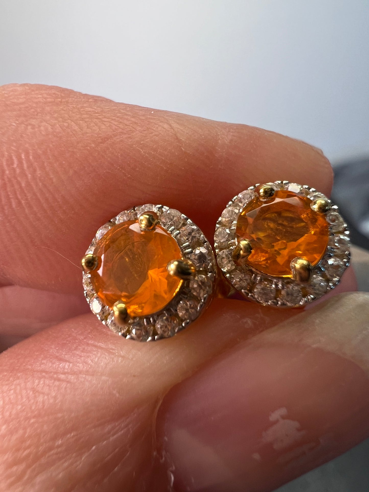 Round Orange Mexican Fire Opal 18k Yellow Gold Over Sterling Silver Halo Stud Earrings 1.01ctw