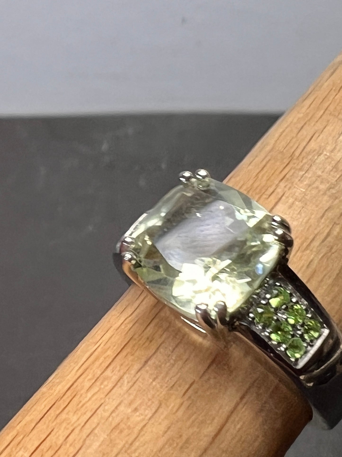 Green Prasiolite and tsavorite green garnet Rhodium Over Sterling Silver Ring 3.28ctw size 9