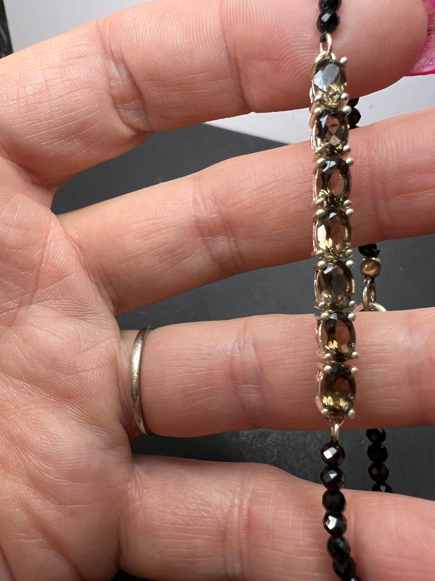 Smoky quartz and black spinel bracelet with sterling clasp