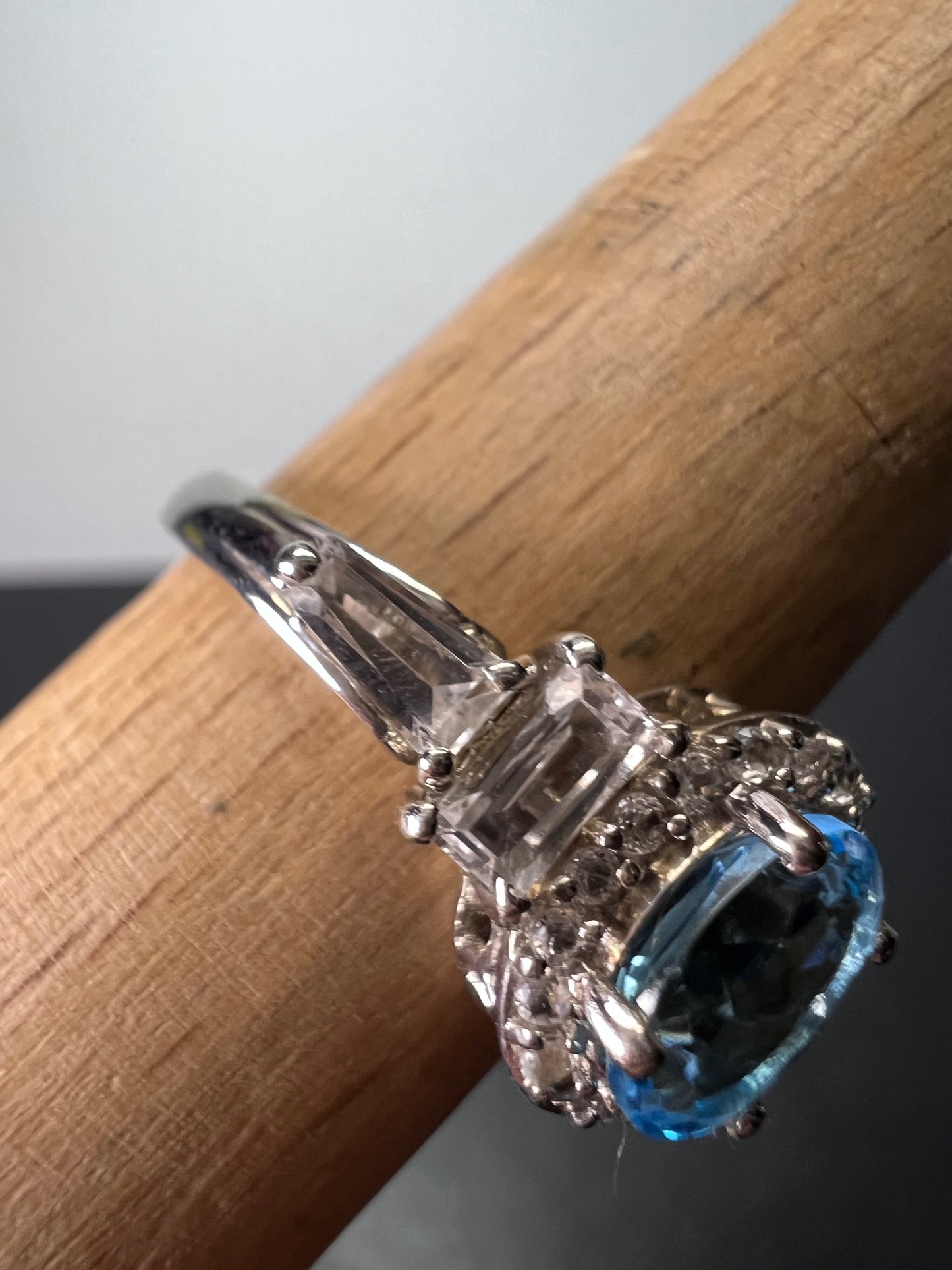 Blue and white topaz sterling silver halo ring size 9