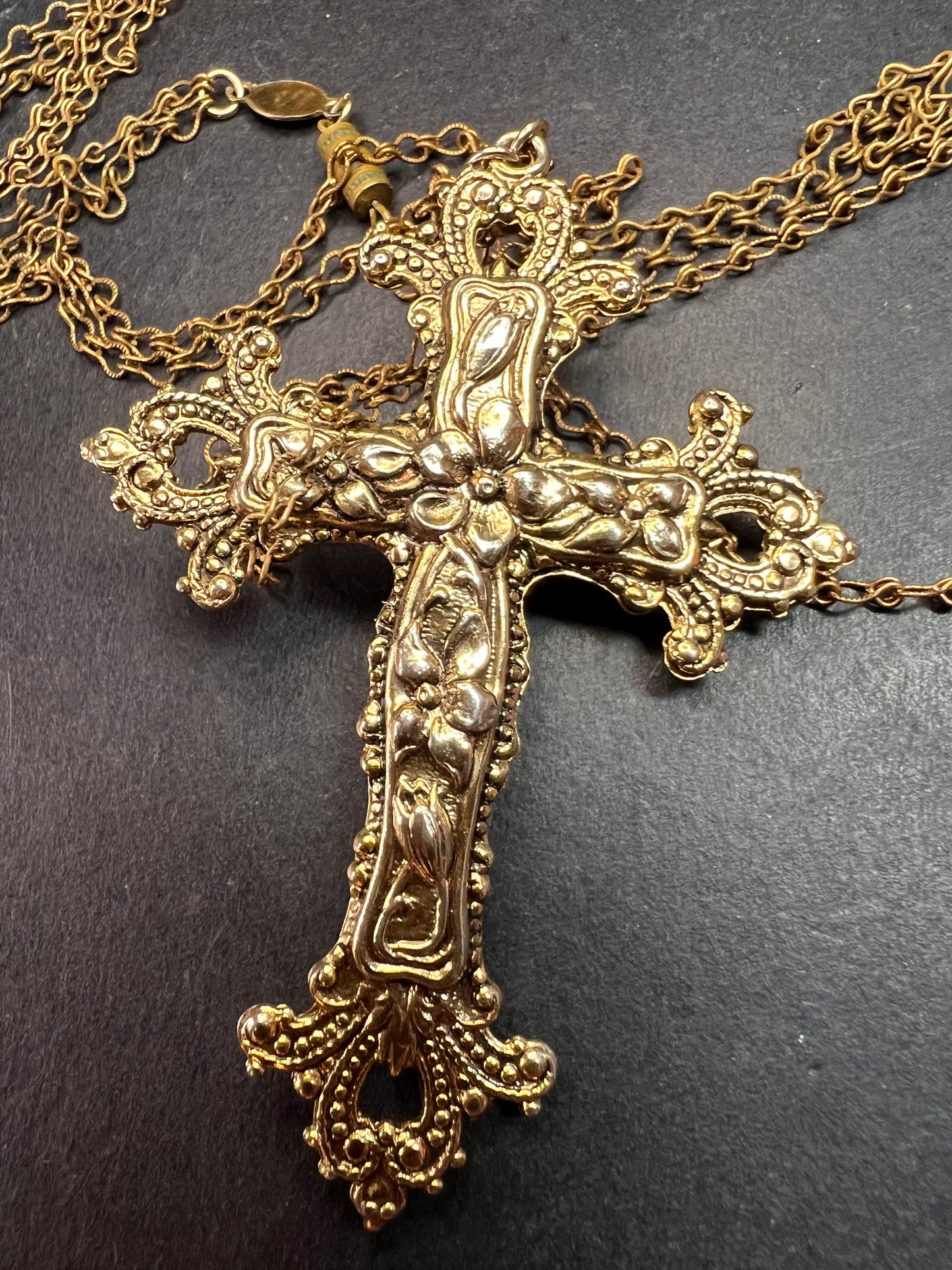 Vintage 1928 Gold Tone Cross Pendant Necklace with Faux Pearls – Long Chain Statement Jewelry