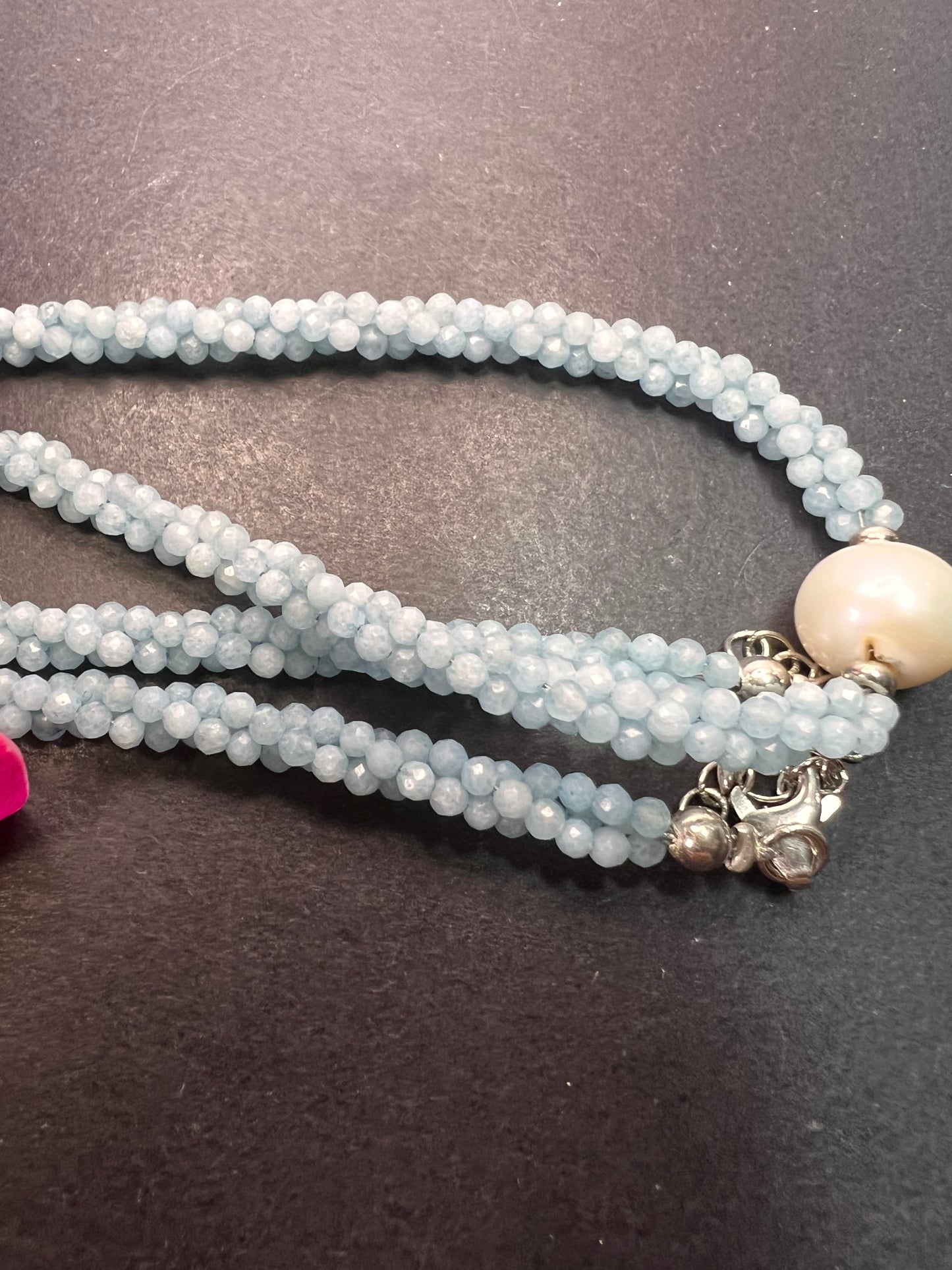 White Cultured Freshwater Pearl with Aquamarine Rhodium Over Sterling Silver Necklace *NEW*