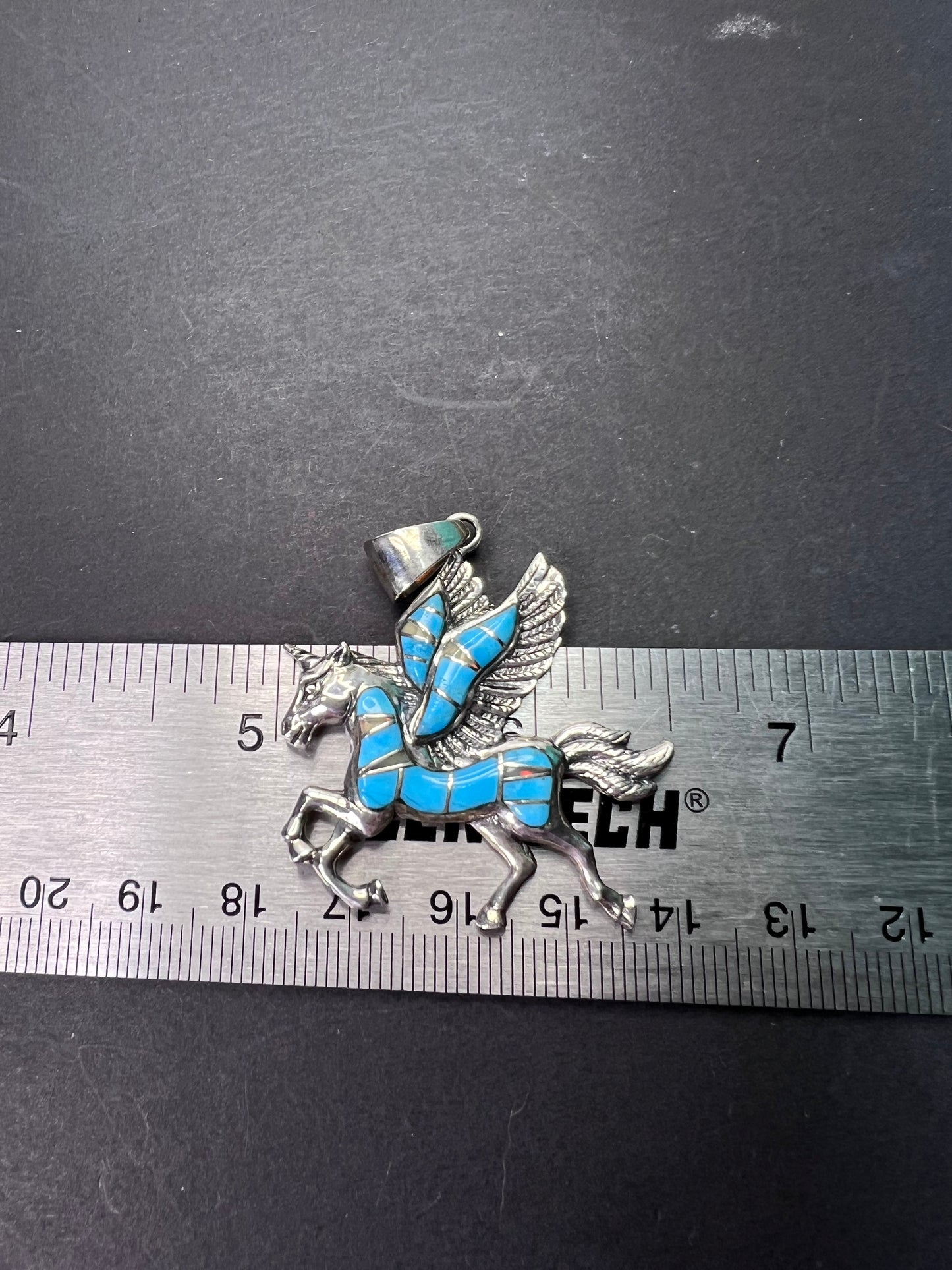 Turquoise and lab opal inlay Pegasus unicorn sterling silver pendant