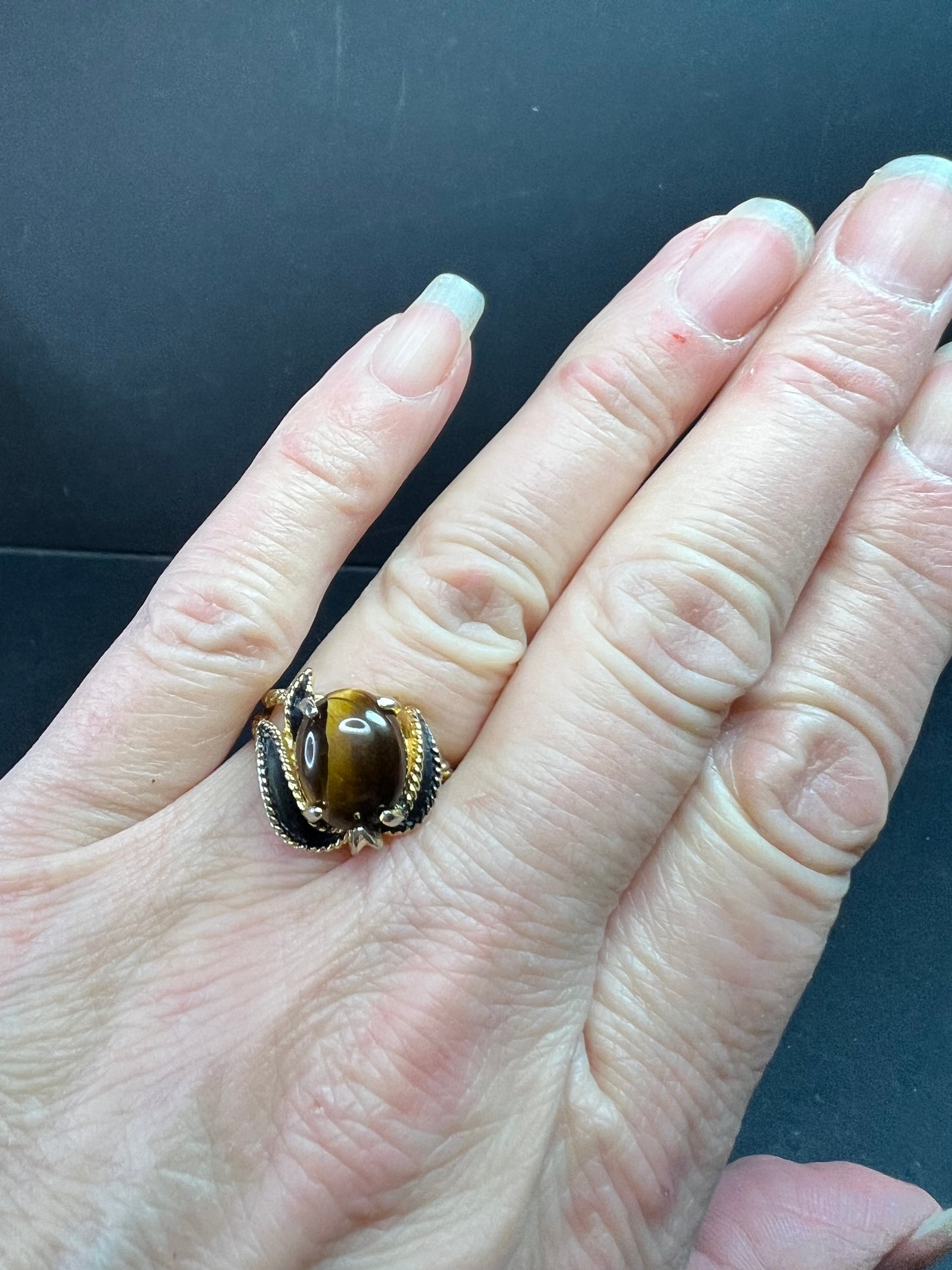 Vintage Espo Tiger’s Eye Ring Size 7.5 18K HGF Gold Filled Statement