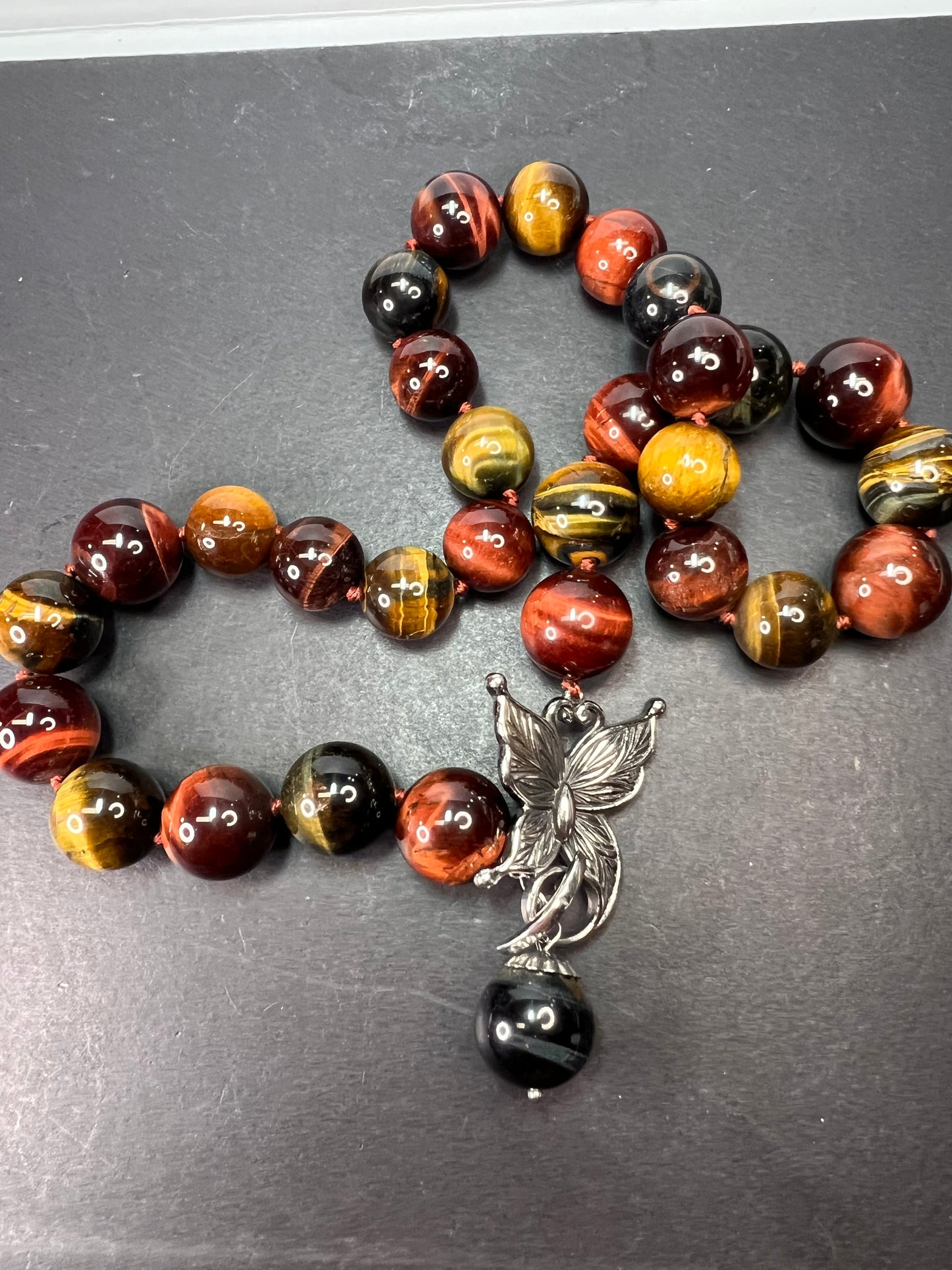 Multi tigers eye beaded knotted necklace with stainless steel toggle clasp