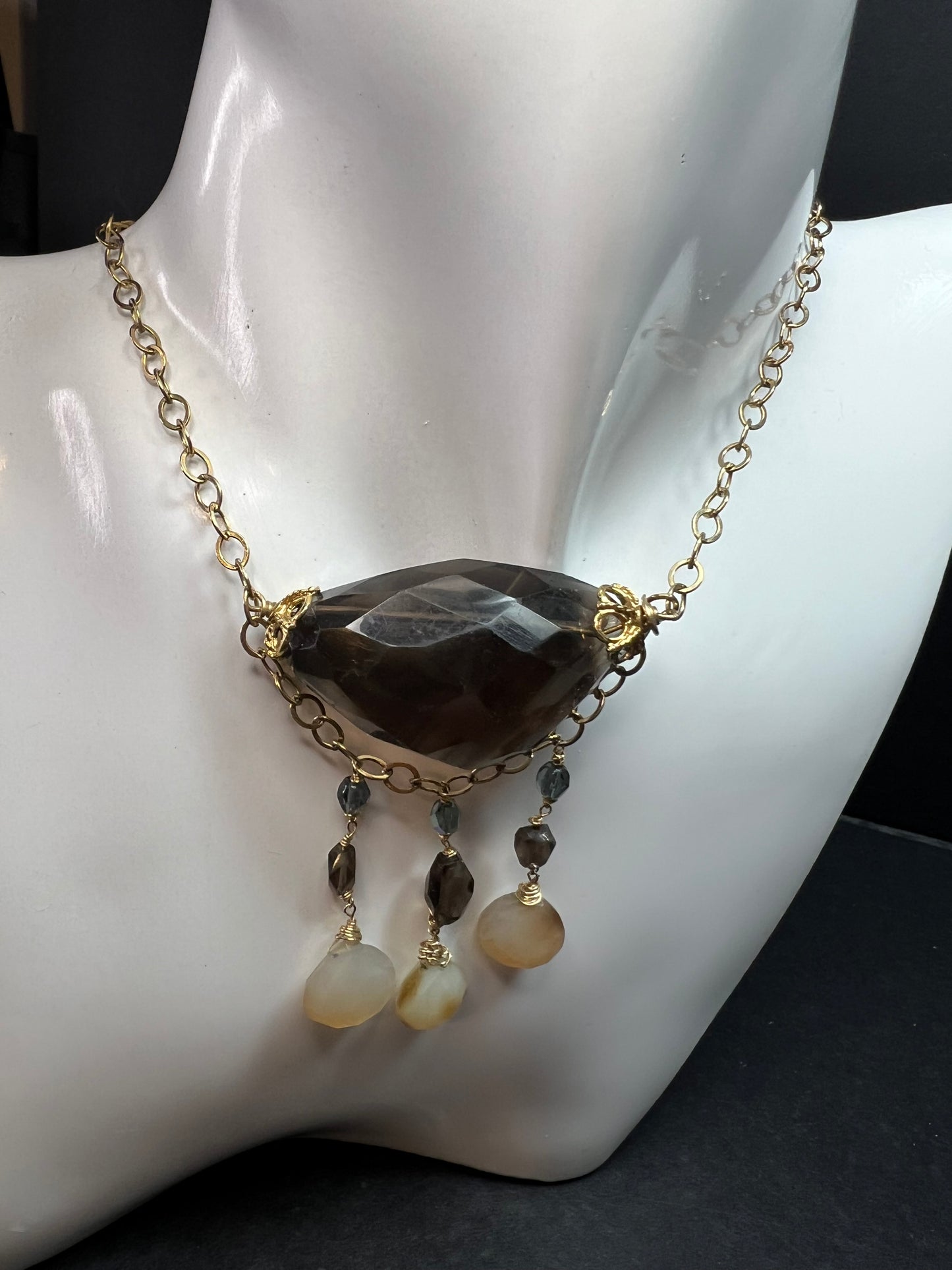 Gold Filled Smoky Quartz & Faceted Agate Drop Necklace 16–18”