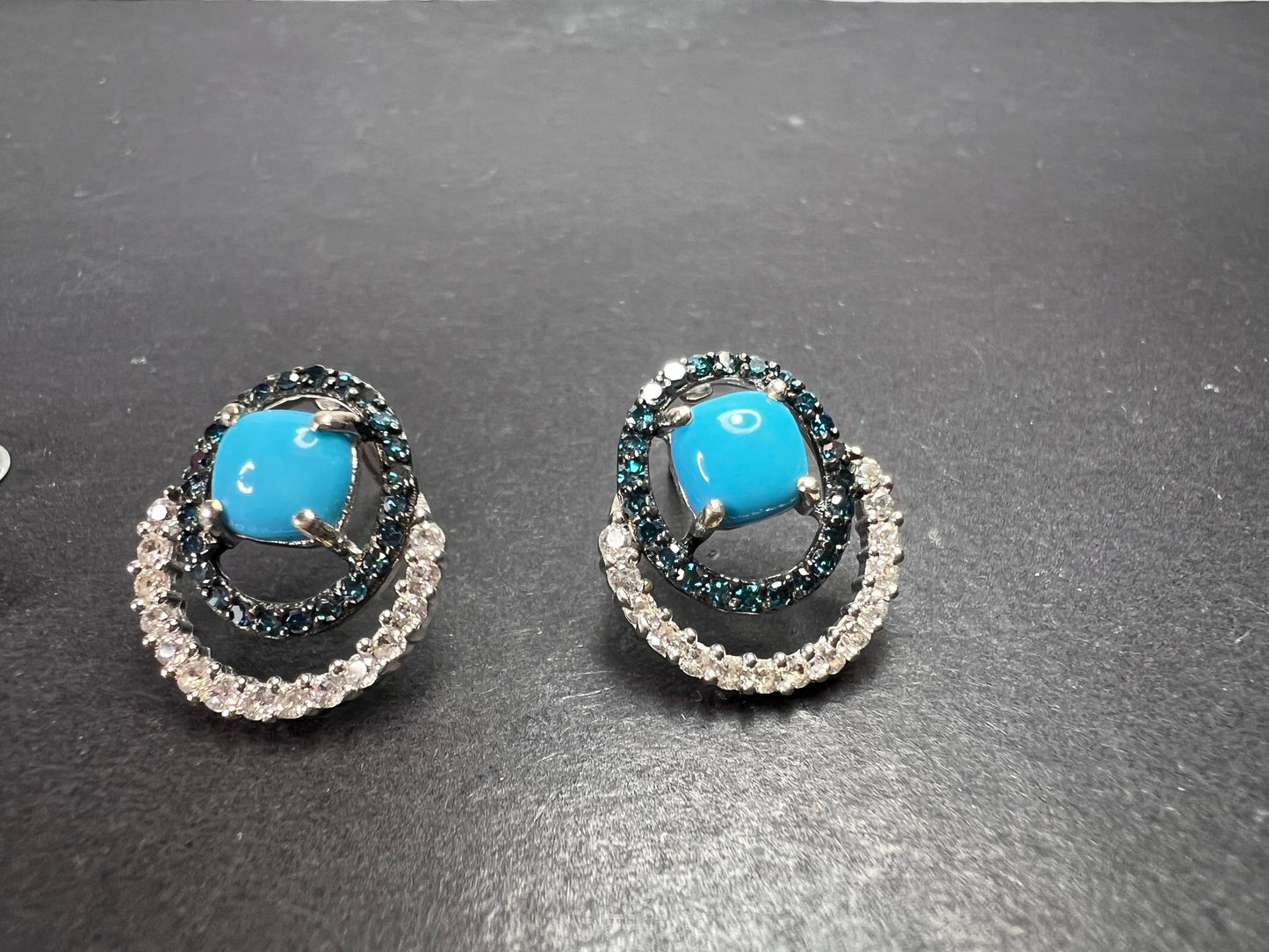 Sleeping Beauty turquoise and blue diamond double ring earrings in platinum over sterling silver