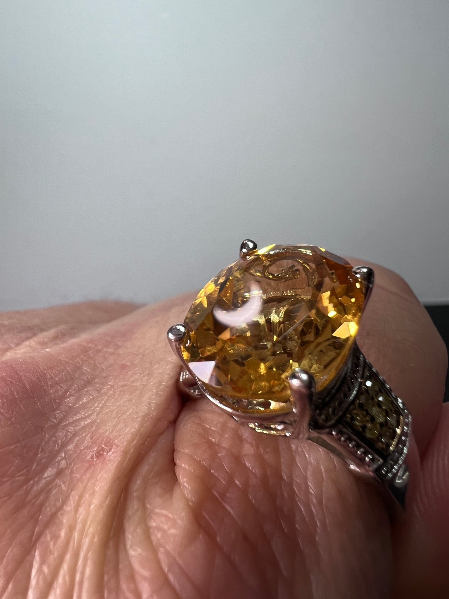 Citrine and yellow diamond ring in sterling silver size 10. 7.55 ctw