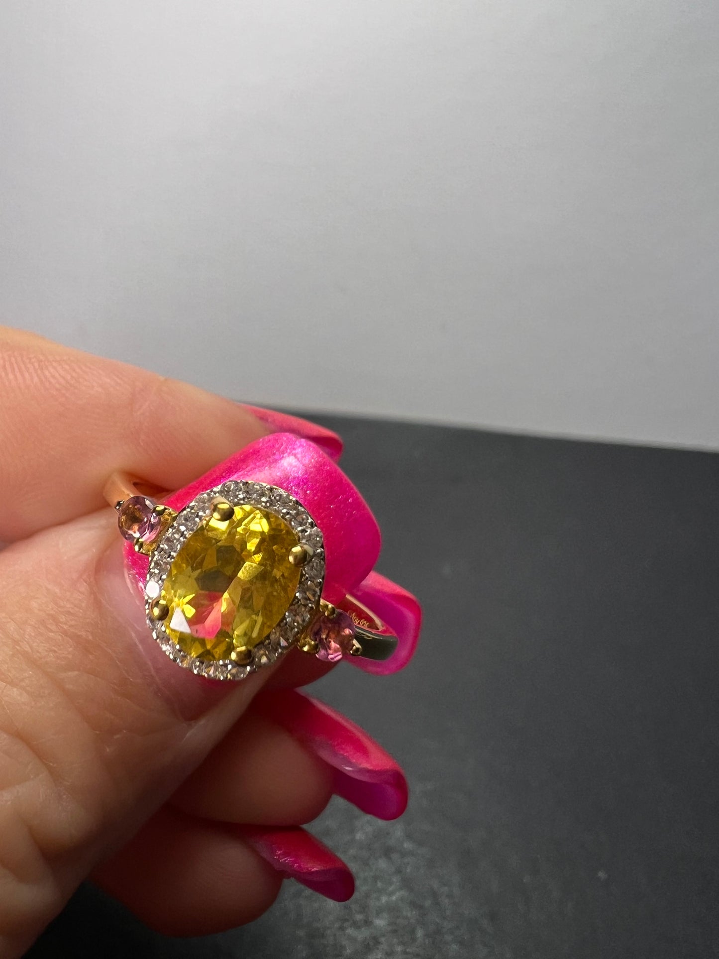 Heliodor and rubellite halo ring in vermeil yellow gold over sterling silver size 9 *NEW*