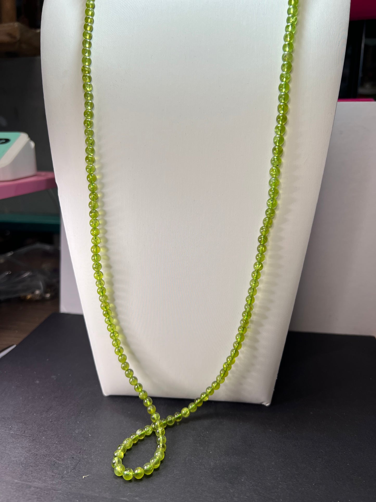 6mm high grade peridot beaded 36 inch necklace with sterling silver clasp