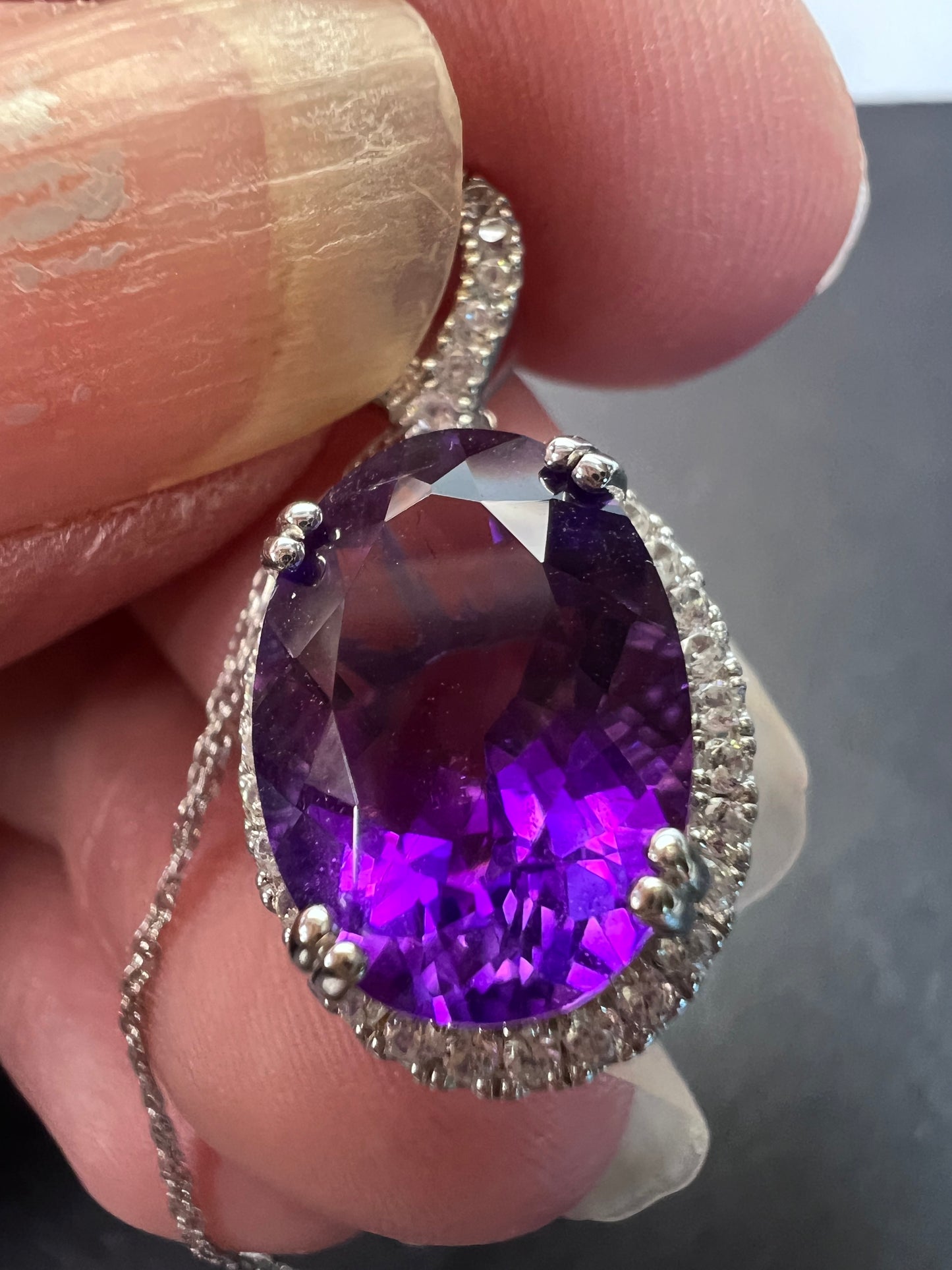 African amethyst 10k white gold and topaz halo pendant and chain necklace