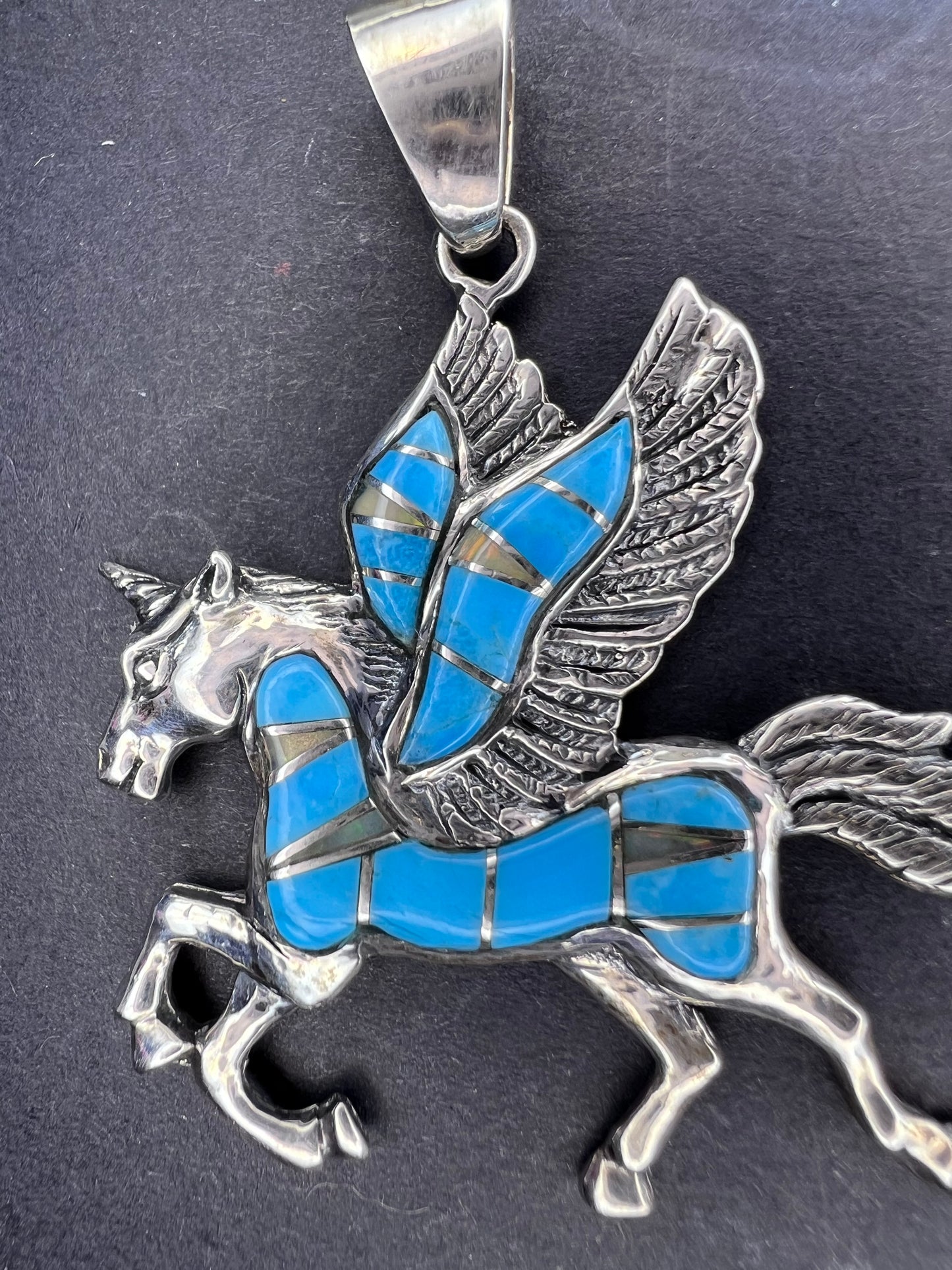 Turquoise and lab opal inlay Pegasus unicorn sterling silver pendant