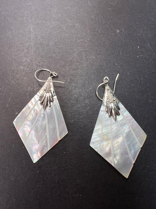 Mother of pearl sterling silver diamond dangle earrings