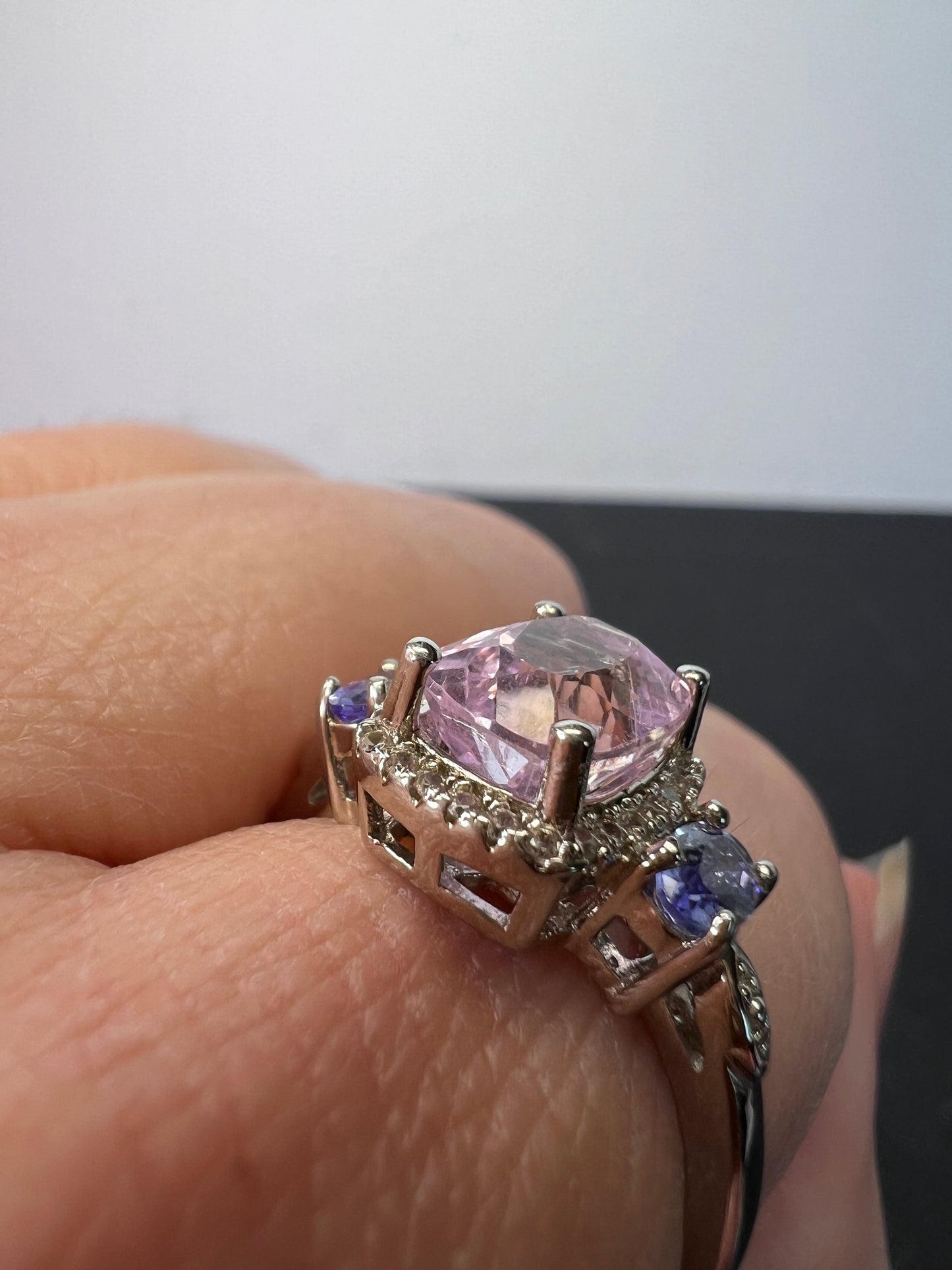 Kunzite, tanzanite and zircon halo ring size 9