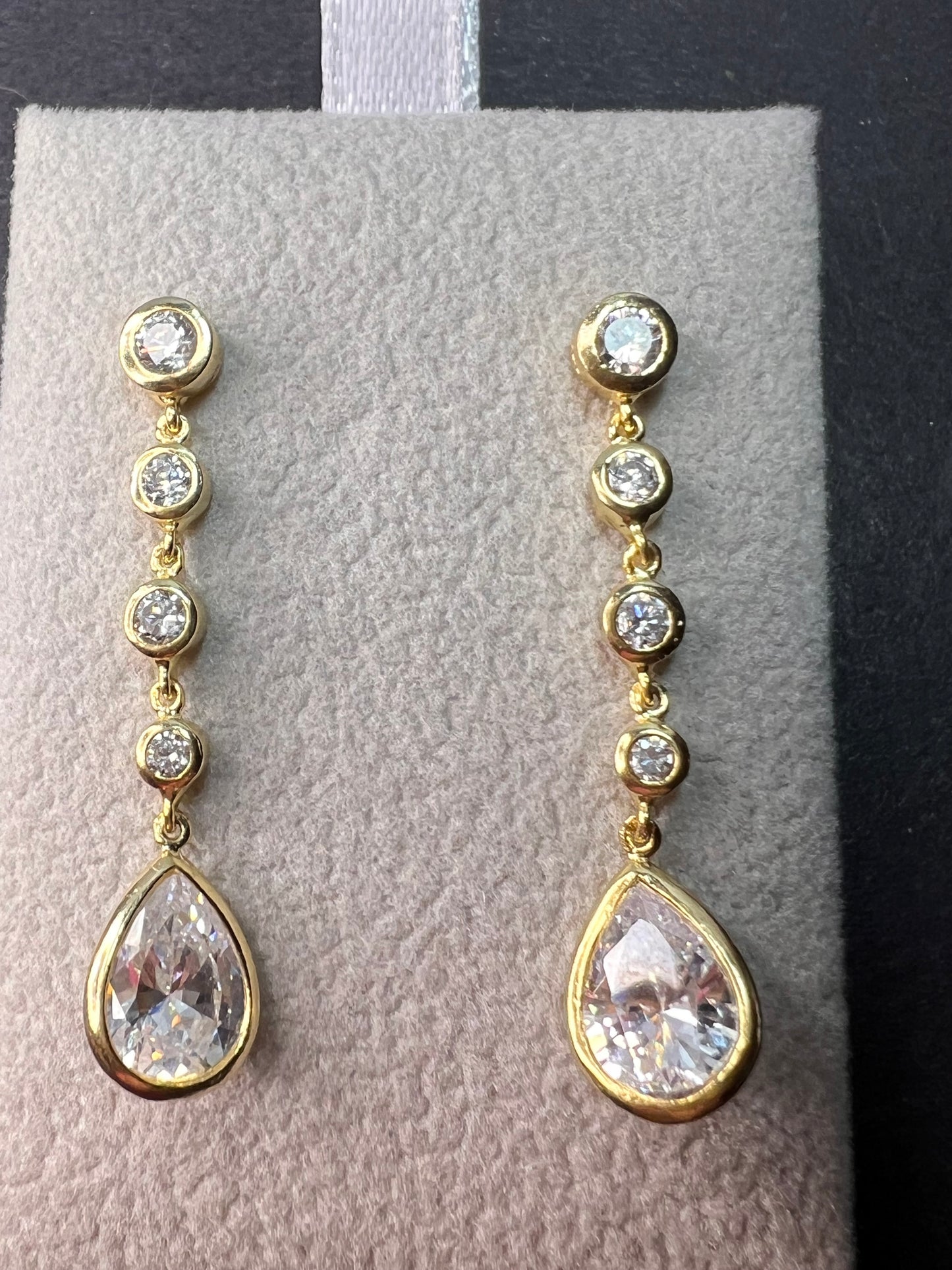 Long teardrop CZ earrings in gold over sterling silver